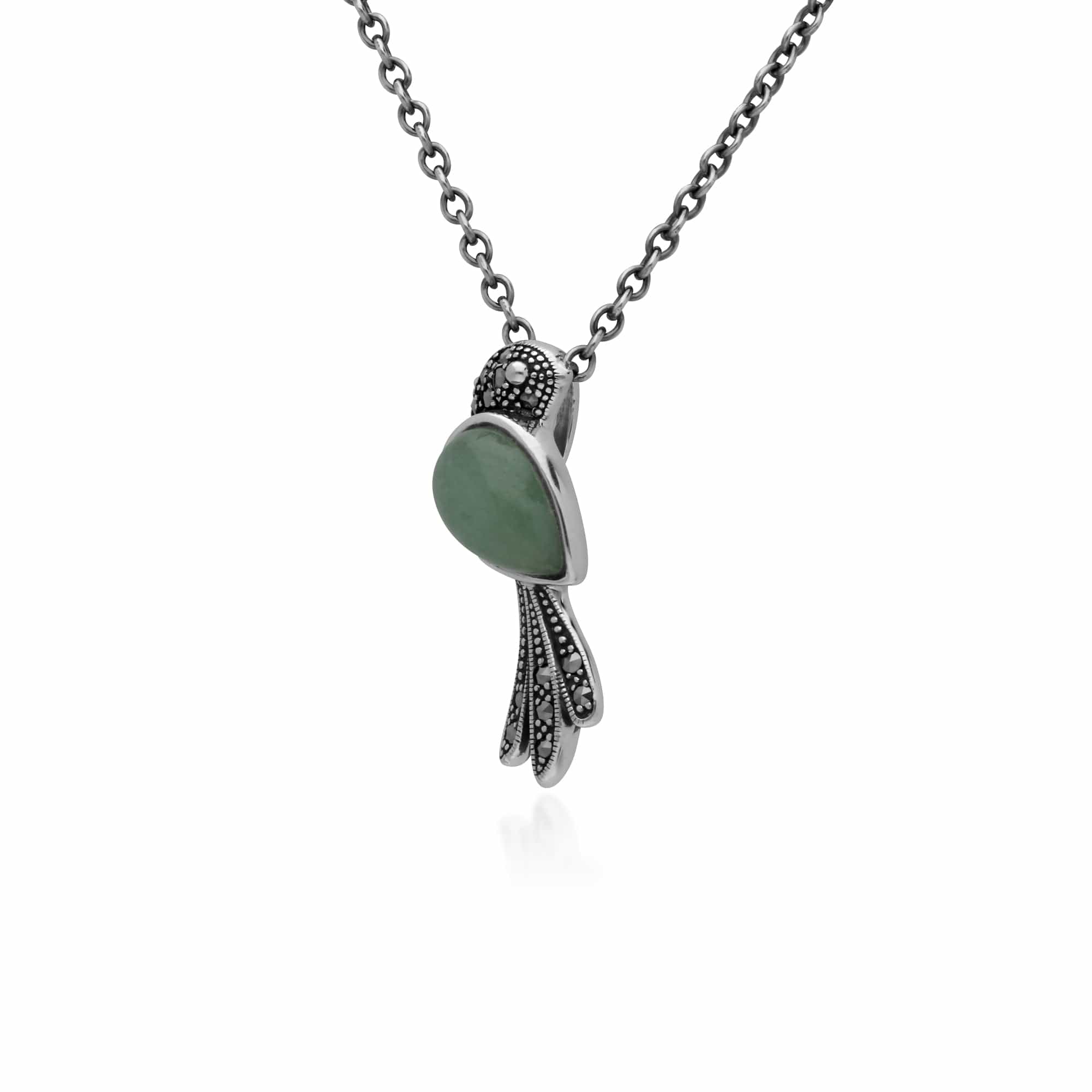 Classic Pear Green Jade & Marcasite Bird Necklace in 925 Sterling Silver - Gemondo
