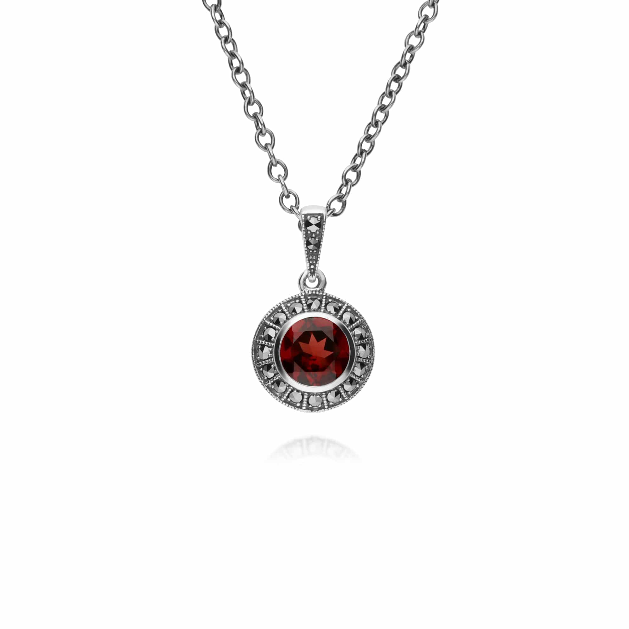214N707303925 Art Deco Style Round Garnet & Marcasite Halo Pendant in 925 Sterling Silver 1