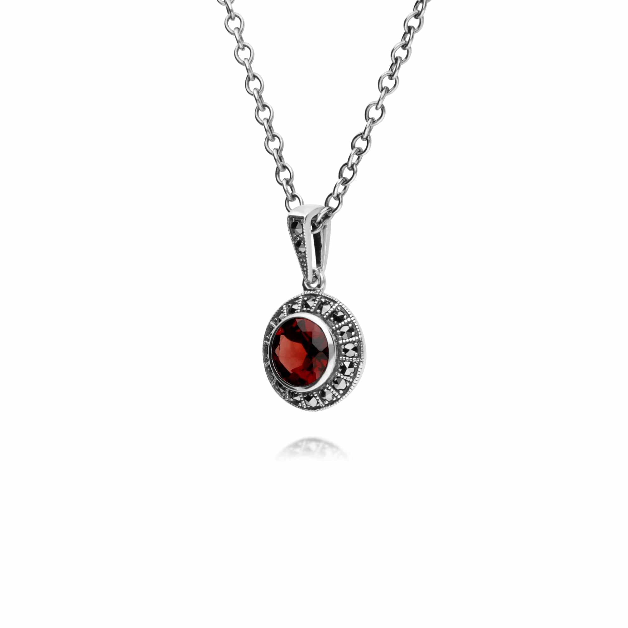 214N707303925 Art Deco Style Round Garnet & Marcasite Halo Pendant in 925 Sterling Silver 2