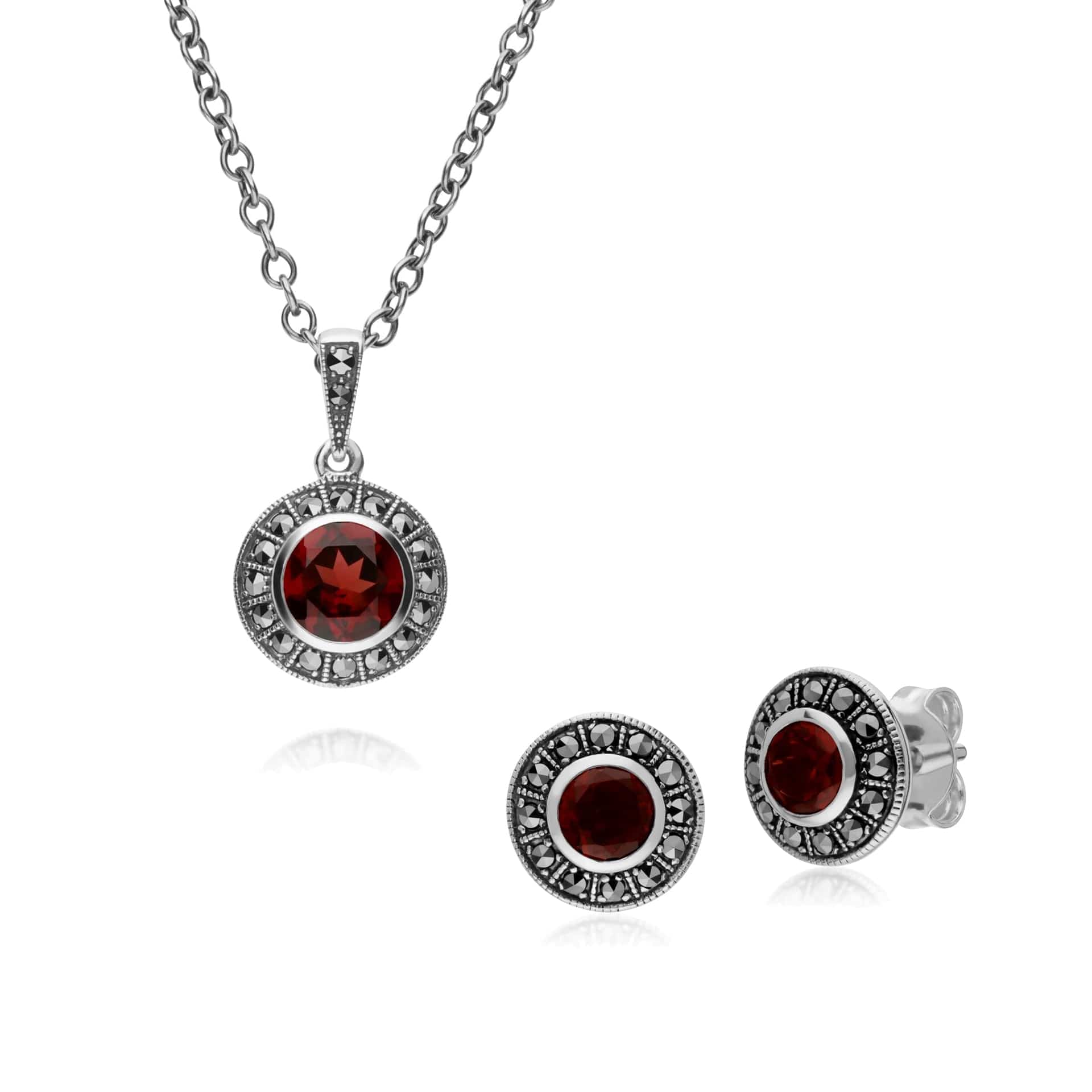 214E872703925-214N707303925 Art Deco Style Round Garnet and Marcasite Cluster Stud Earrings & Pendant Set in 925 Sterling Silver 1