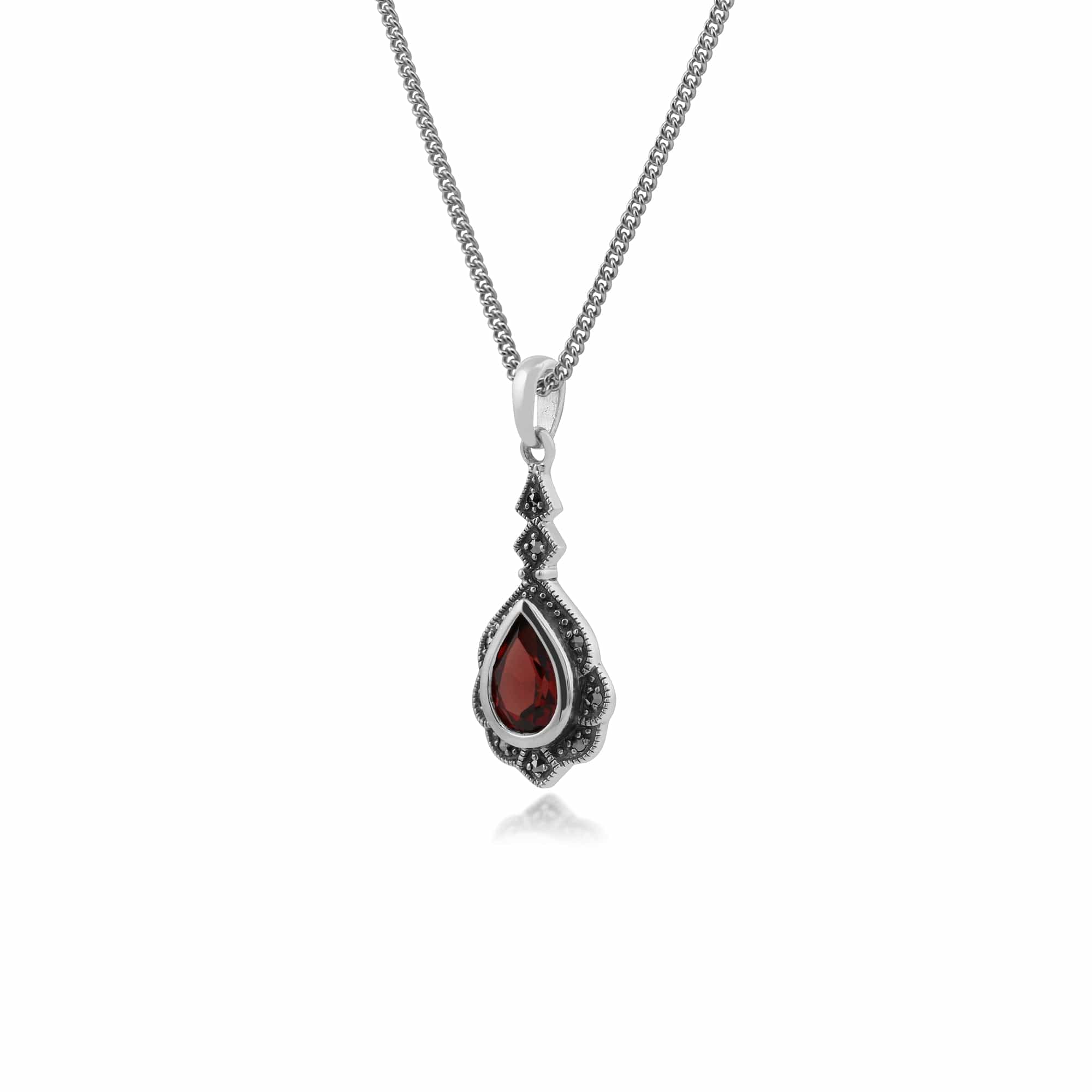 214P157104925 Art Nouveau Style Pear Garnet & Marcasite Leaf Pendant in 925 Sterling Silver 2