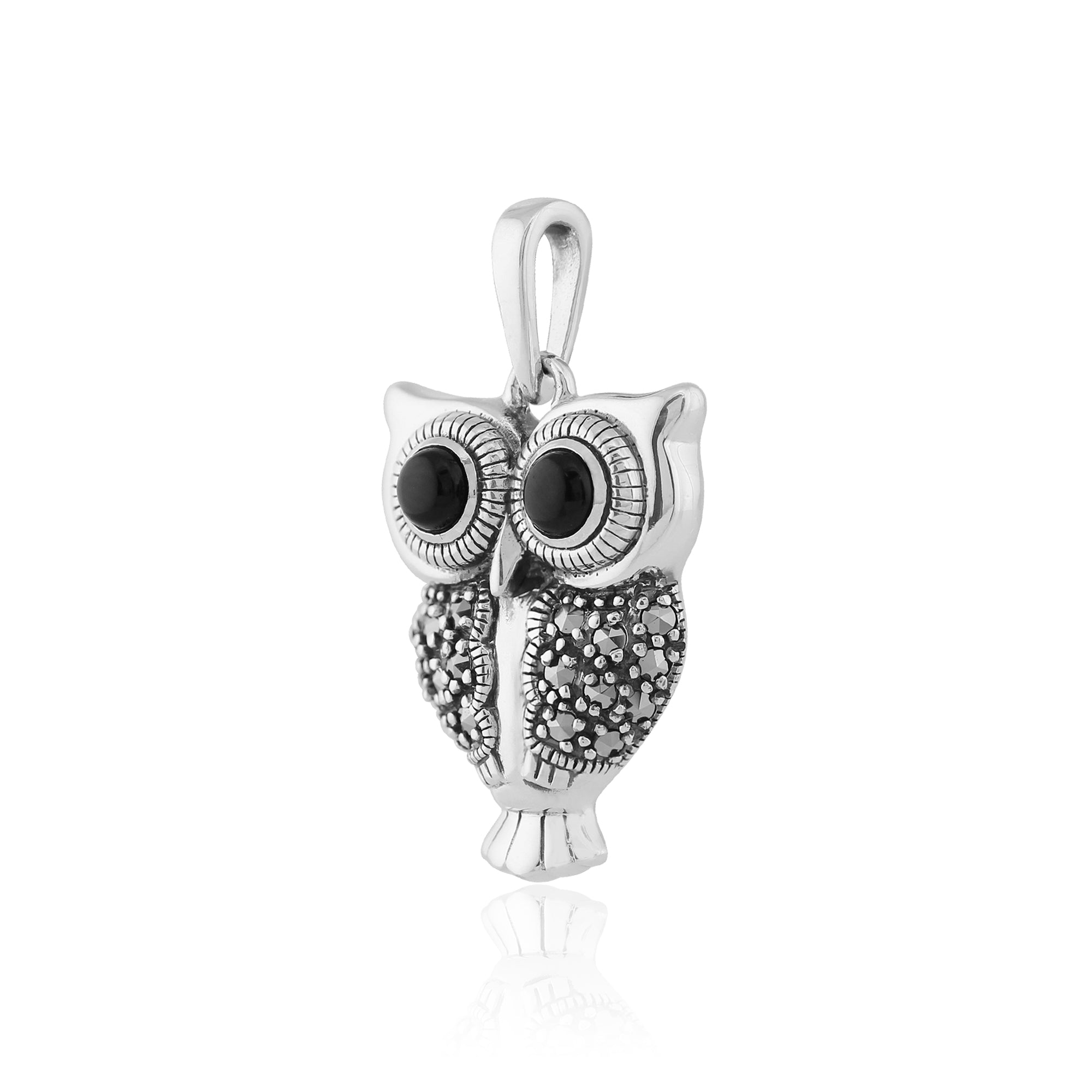 27427 Art Deco Style Round Black Onyx & Marcasite Owl Pendant in 925 Sterling Silver 2