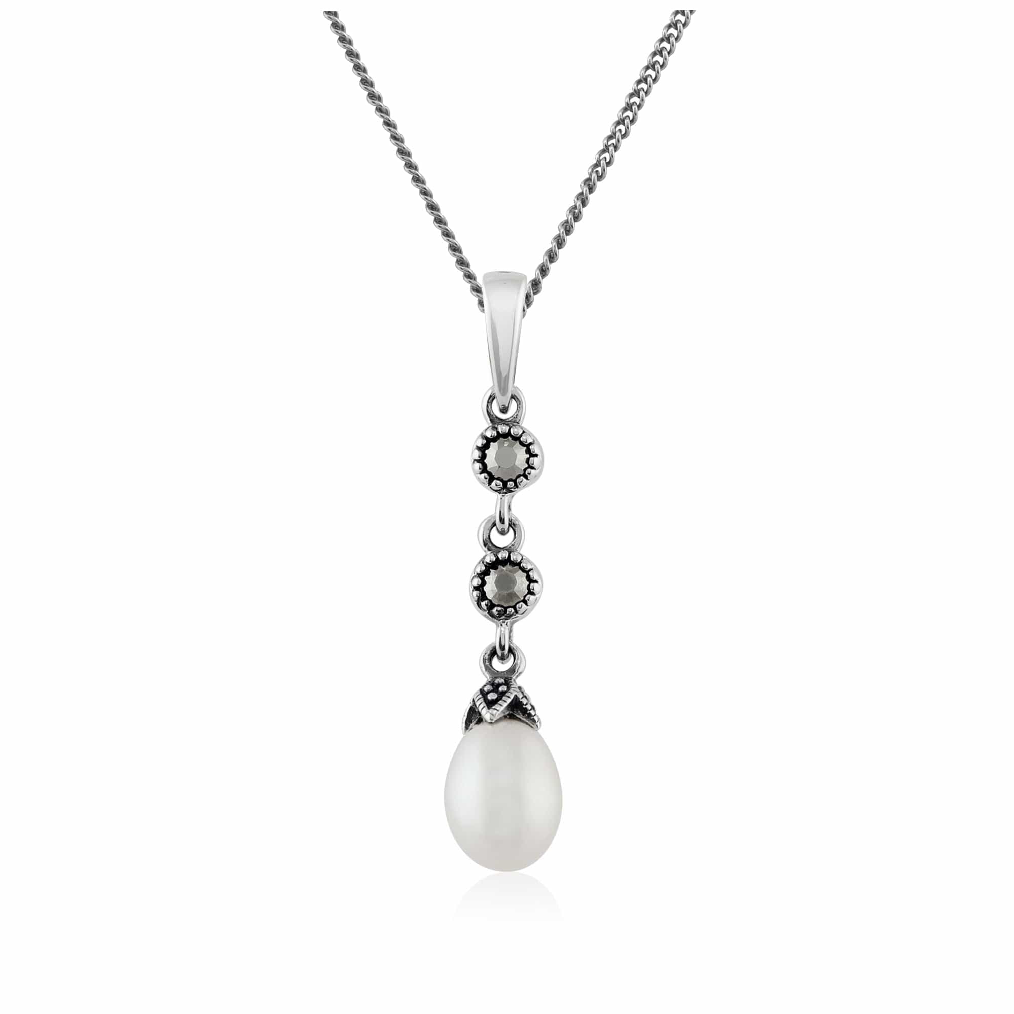 214P285001925 Art Nouveau Style Freshwater Pearl & Marcasite Pendant in 925 Sterling Silver 1