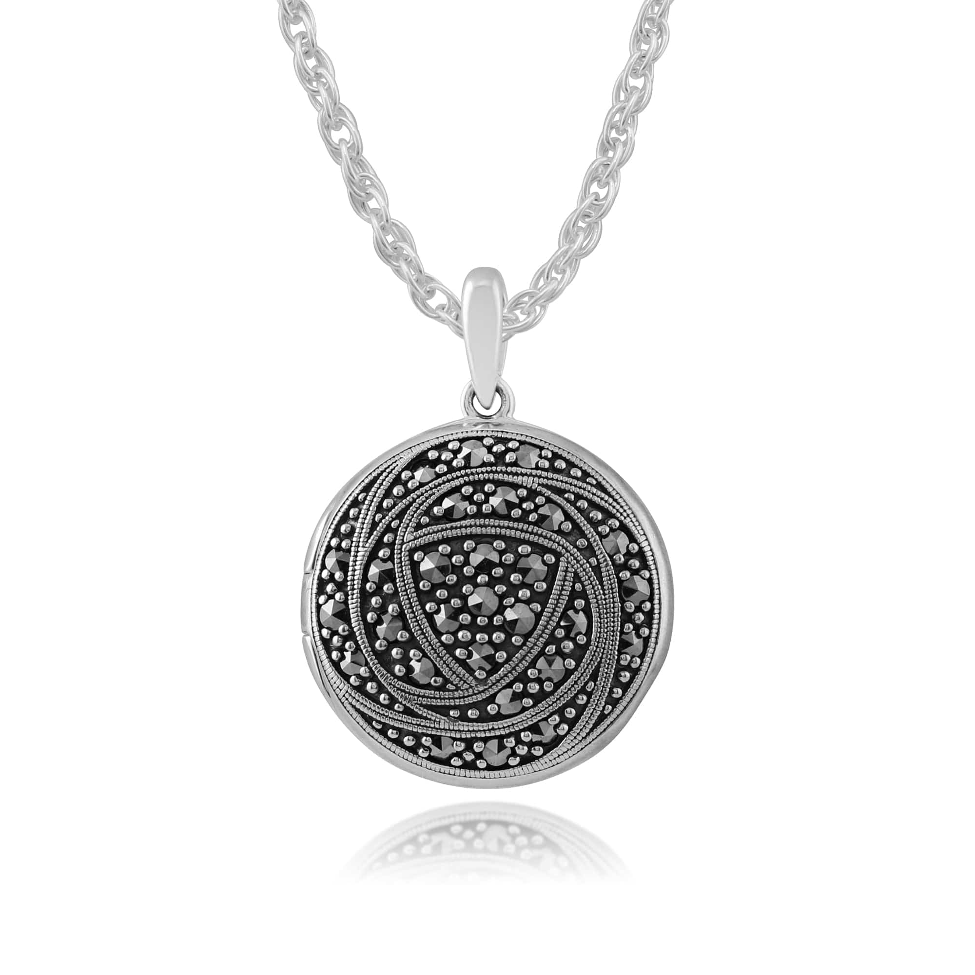 Rennie Mackintosh Round Marcasite Rose Locket Pendant in 925 Sterling Silver - Gemondo