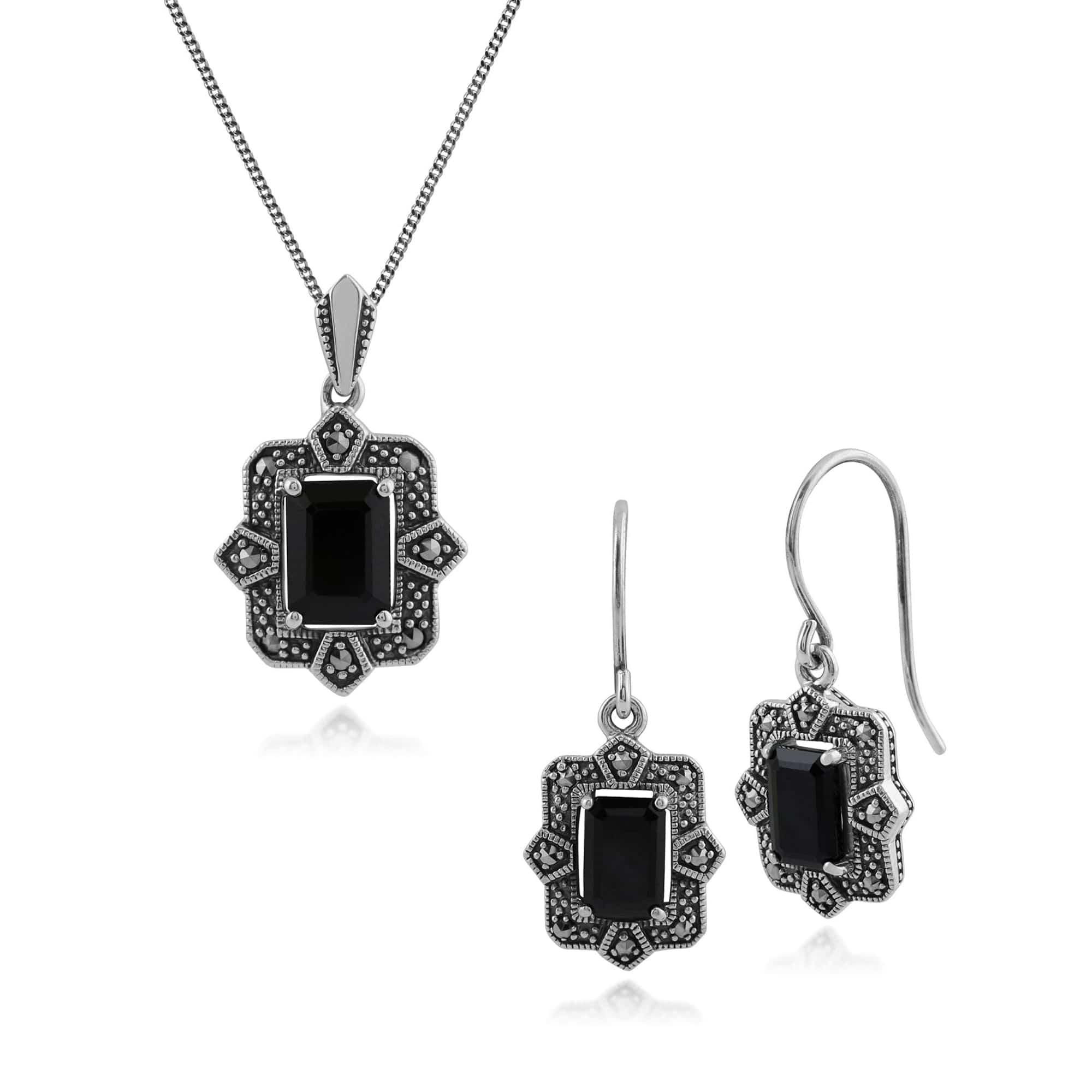 214E850301925-214P297801925 Art Deco Style Black Spinel & Marcasite Earrings & Pendant Set in Silver 1