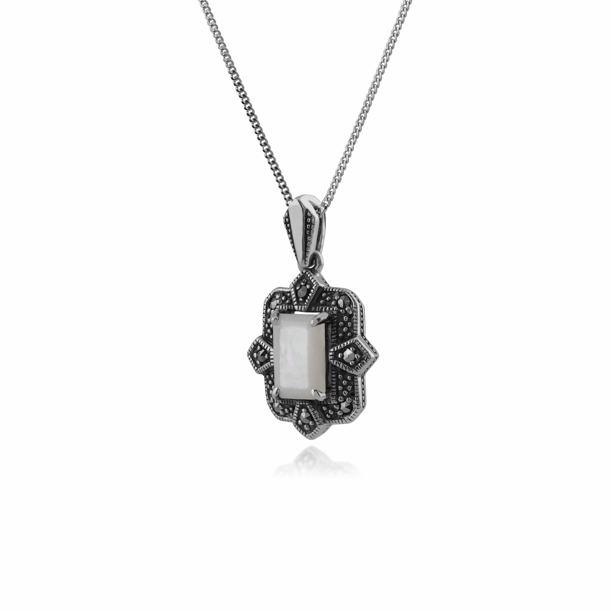 214P297802925 Art Deco Style Octagon Mother of Pearl & Marcasite Pendant in 925 Sterling Silver 2
