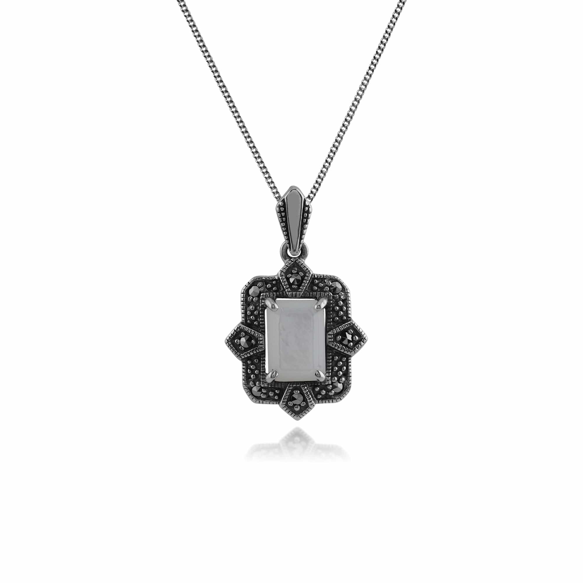 Art Deco Style Baguette Mother of Pearl & Marcasite Framed Pendant & Ring Set in 925 Sterling Silver - Gemondo