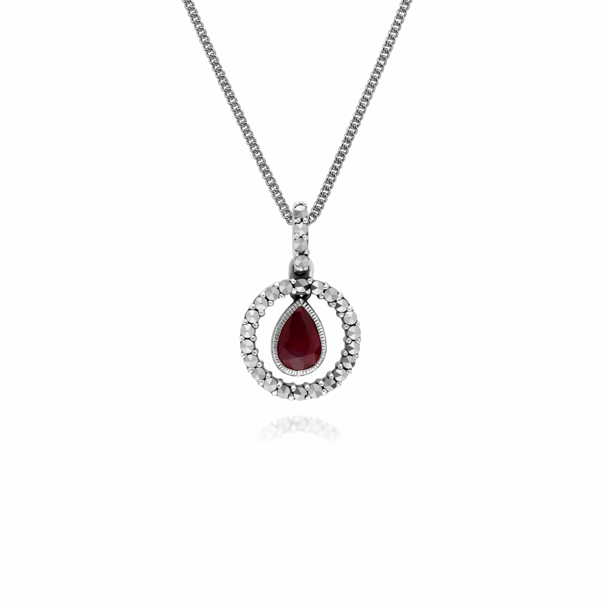 214P303201925 Classic Pear Ruby & Marcasite Halo Pendant in 925 Sterling Silver 1