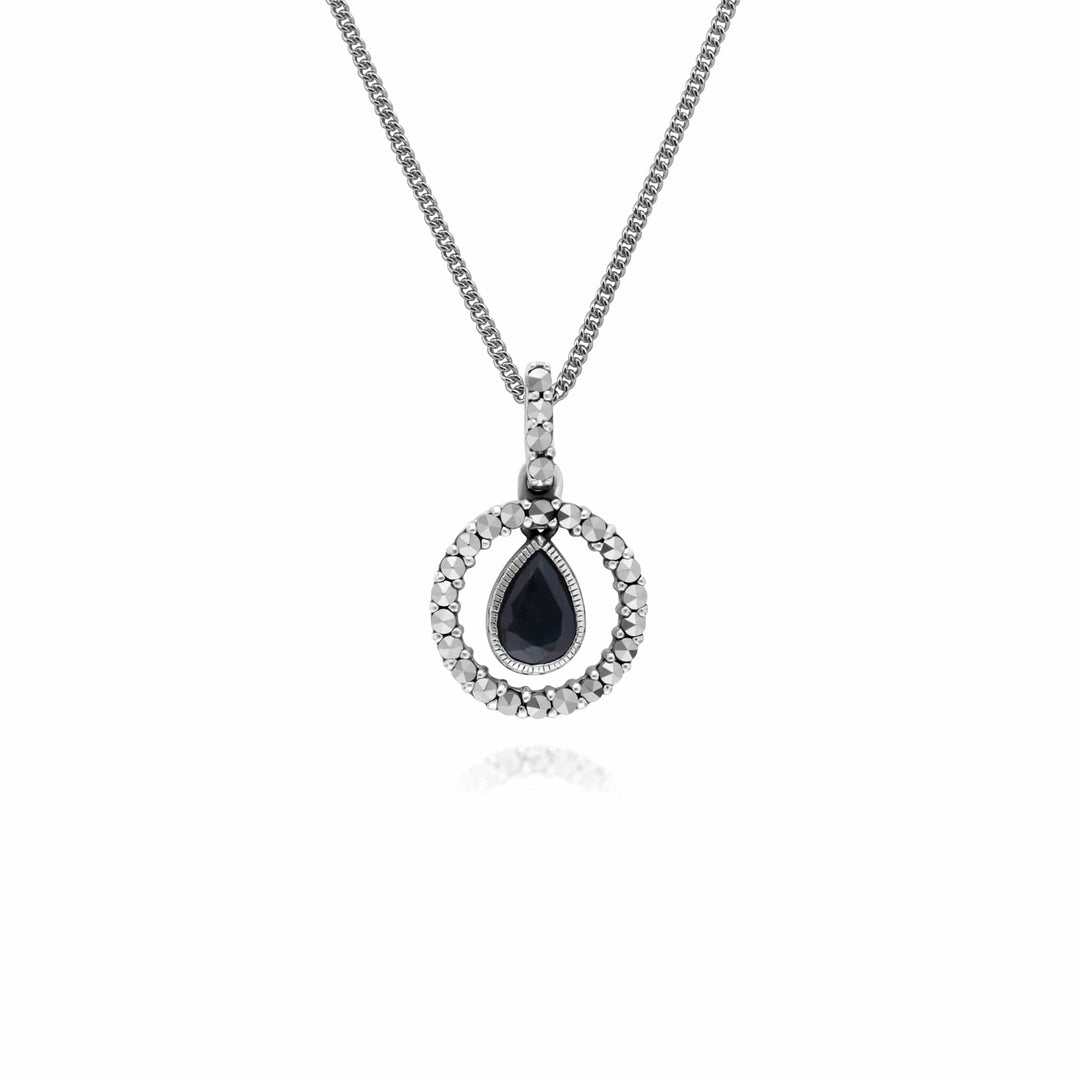214P303202925 Classic Pear Sapphire & Marcasite Halo Pendant in 925 Sterling Silver 1