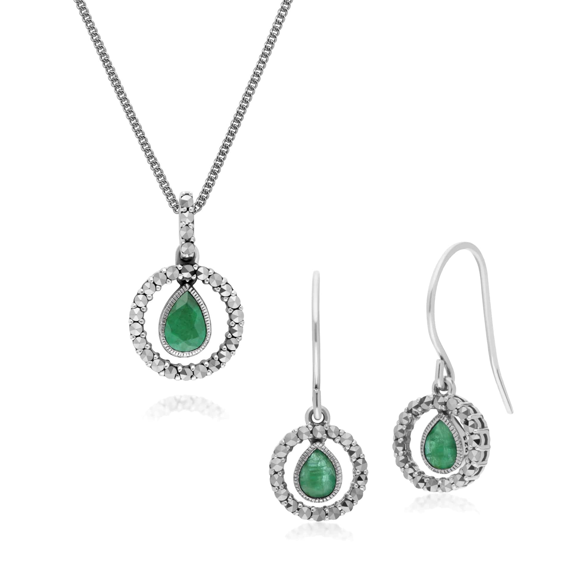 214E872803925-214P303203925 Classic Tear Drop Emerald & Marcasite Drop Earrings & 45cm Necklace Set 1