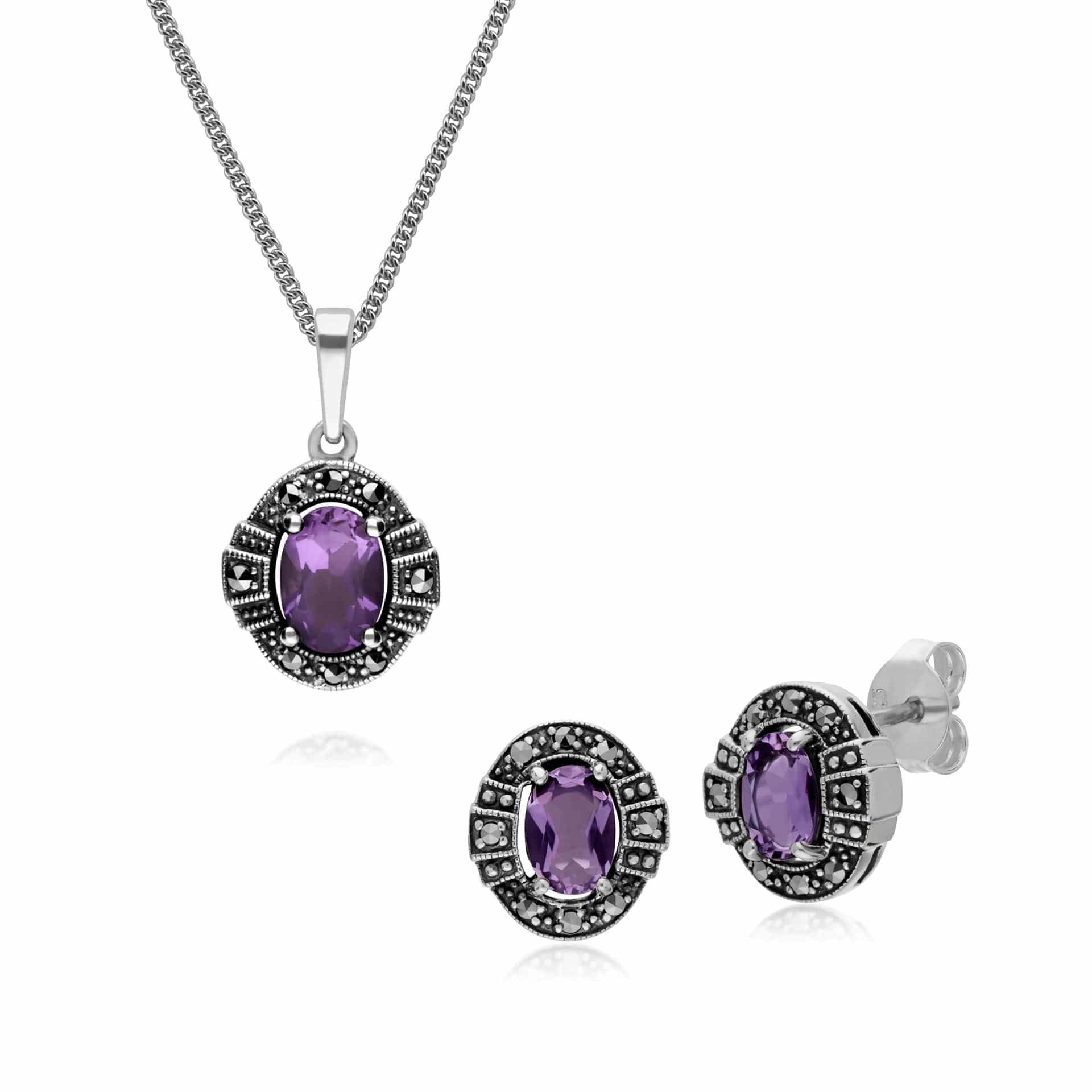 214E873002925-214P303302925 Art Deco Style Oval Amethyst and Marcasite Cluster Stud Earrings & Pendant Set in 925 Sterling Silver 1