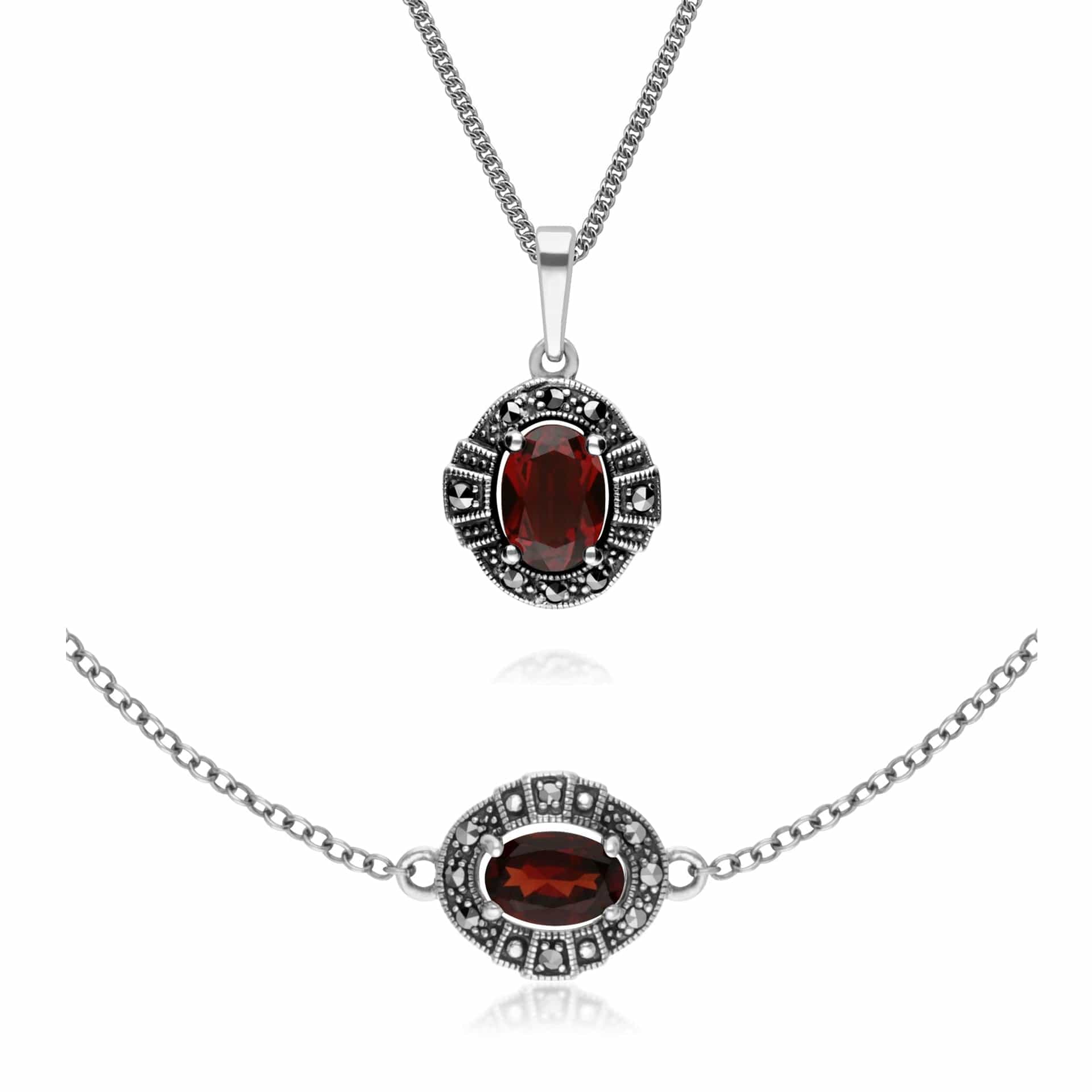 214P303303925-214L165403925 Art Deco Style Oval Garnet and Marcasite Cluster Bracelet & Pendant Set in 925 Sterling Silver 1