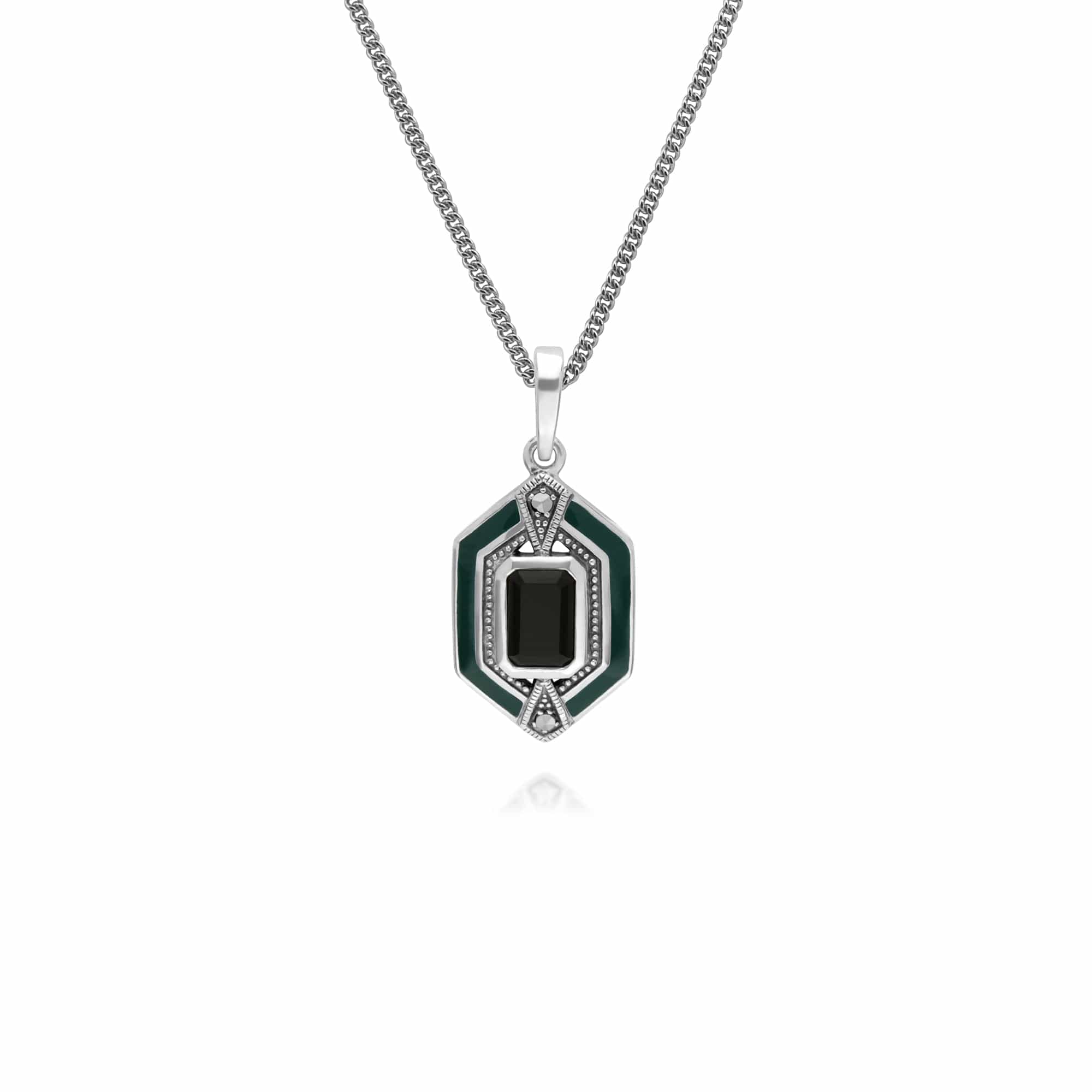 214E868104925-214P303401925 Art Deco Style Black Onyx, Marcasite & Green Enamel Hexagon Stud Earrings & Pendant Set in 925 Sterling Silver 3