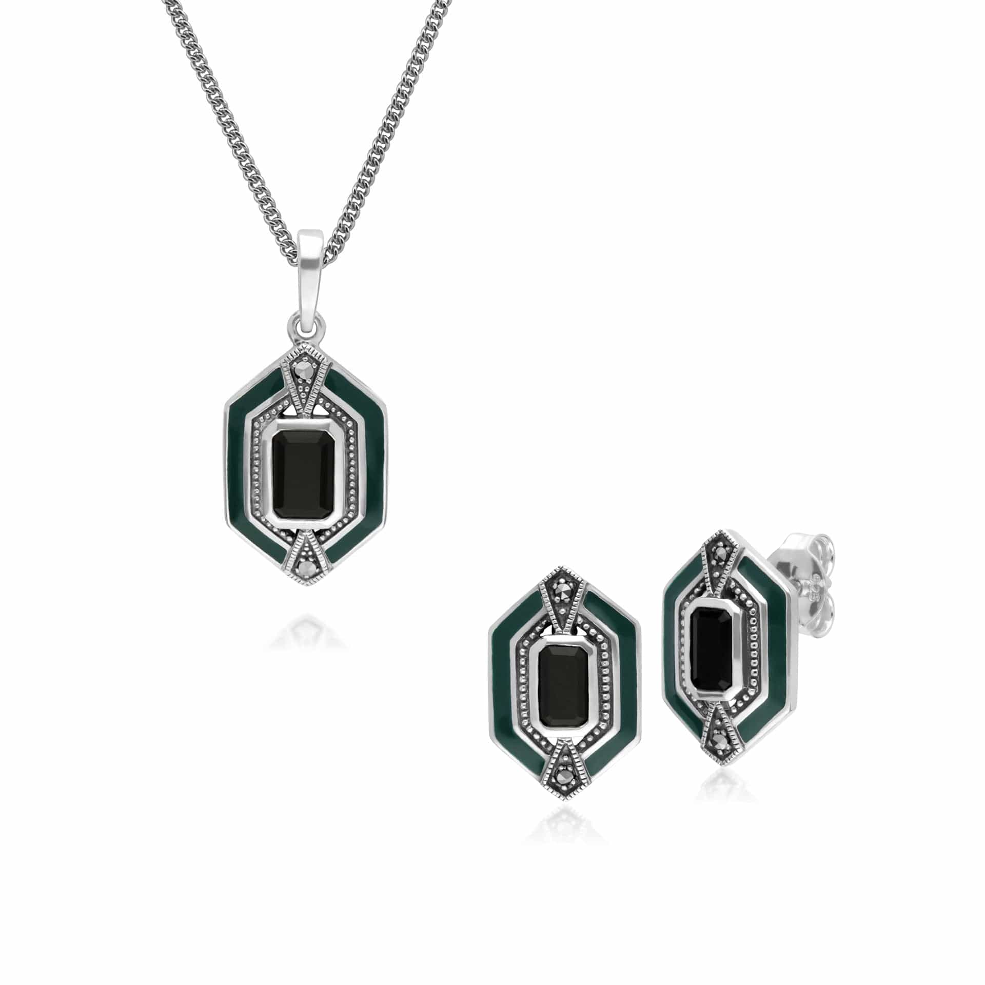 214E868104925-214P303401925 Art Deco Style Black Onyx, Marcasite & Green Enamel Hexagon Stud Earrings & Pendant Set in 925 Sterling Silver 1