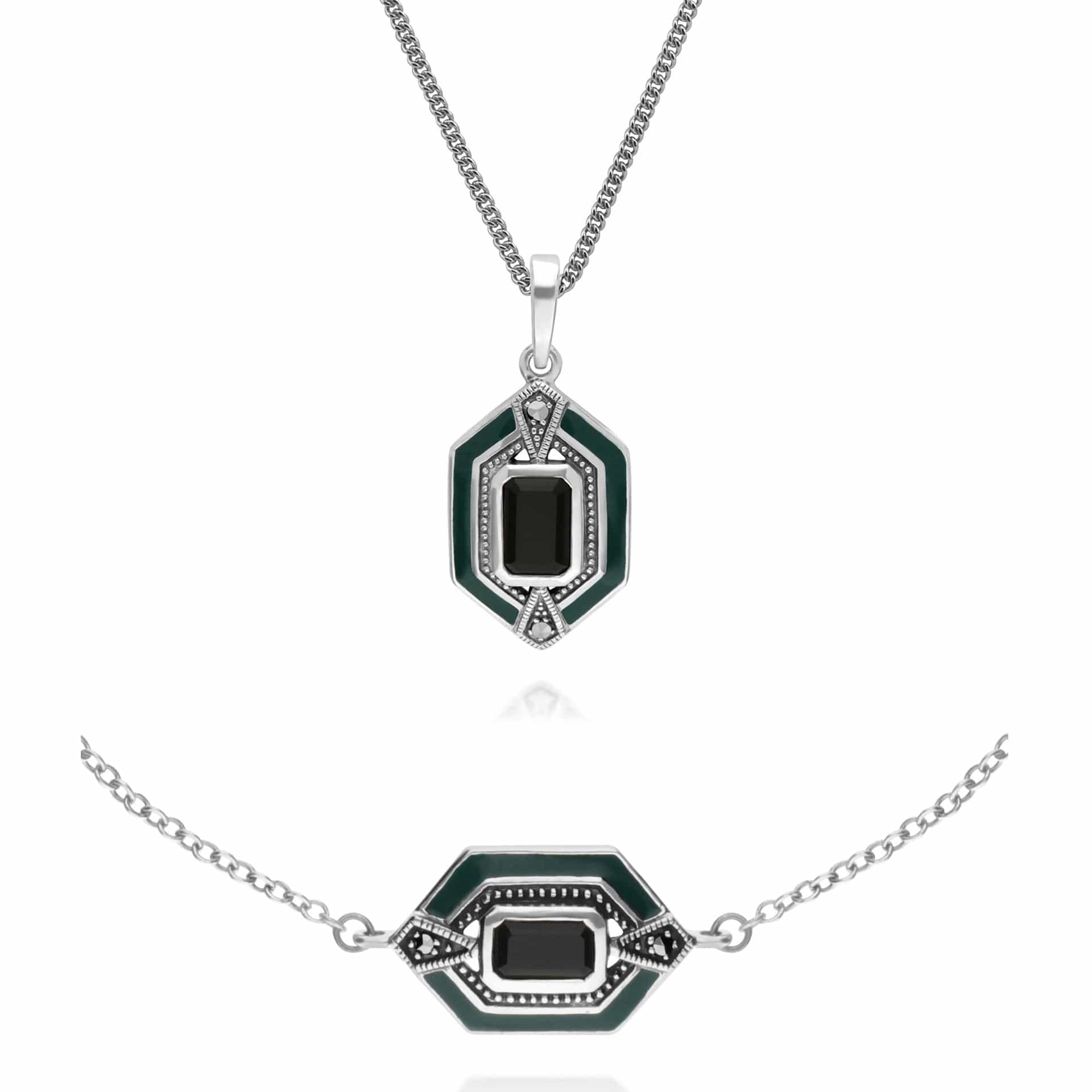 214P303401925-214L164504925 Art Deco Style Black Onyx, Marcasite & Green Enamel Hexagon Bracelet & Pendant Set in 925 Sterling Silver 1