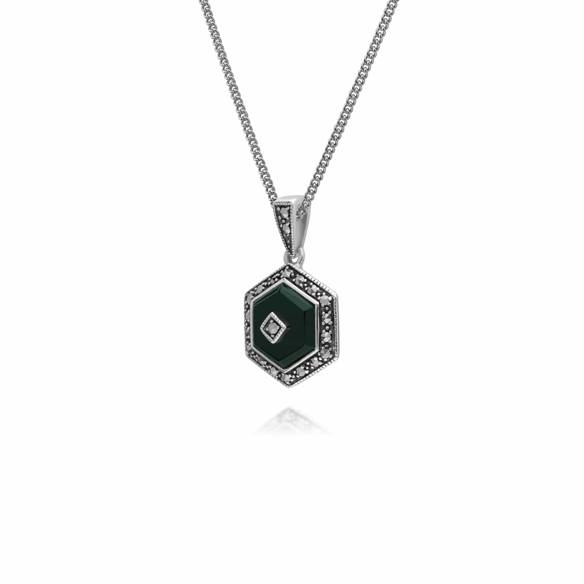 Art Deco Style Hexagon Dyed Green Chalcedony & Round Marcasite Pendant in 925 Sterling Silver - Gemondo