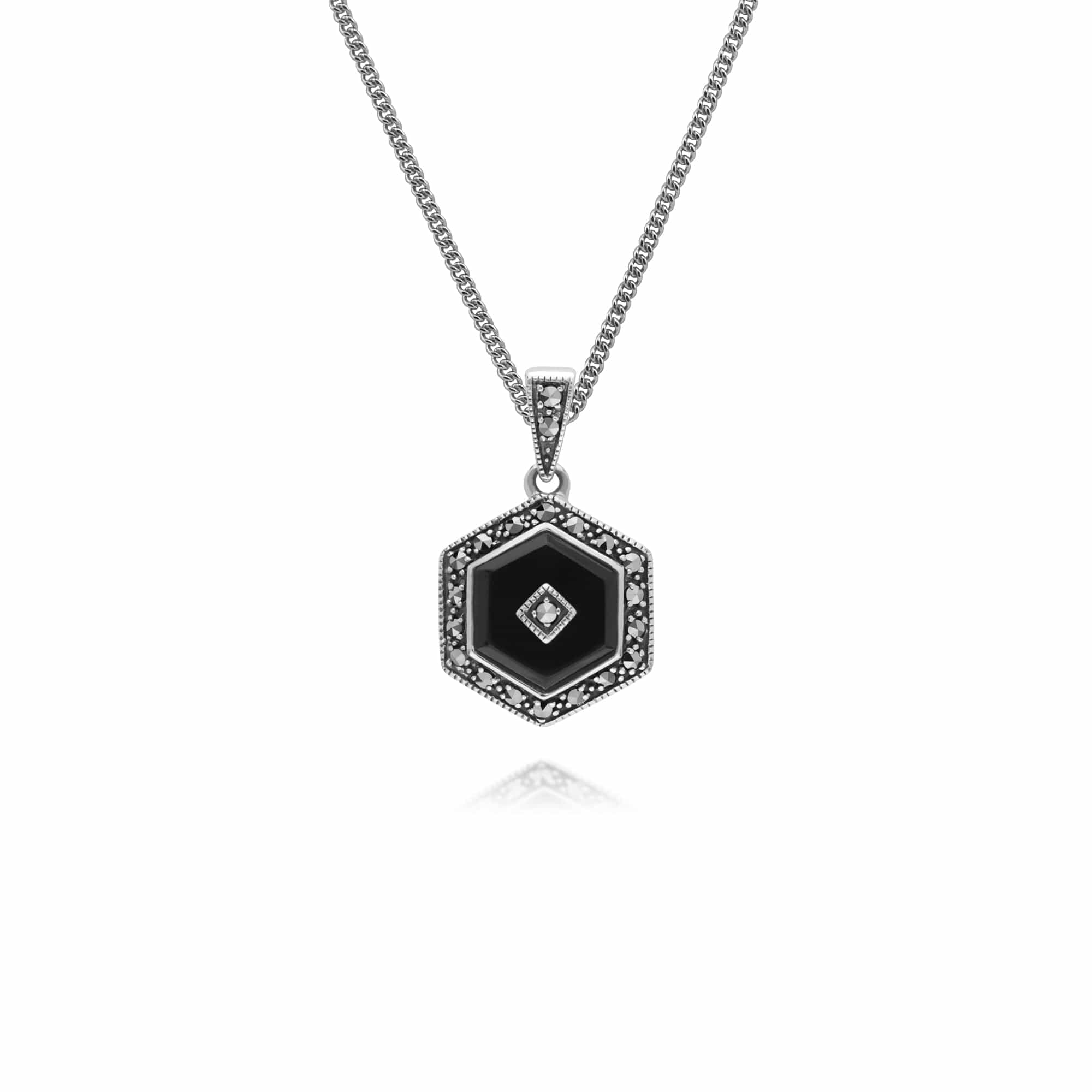 214P303502925 Art Deco Style Hexagon Black Onyx & Round Marcasite Pendant in 925 Sterling Silver 1