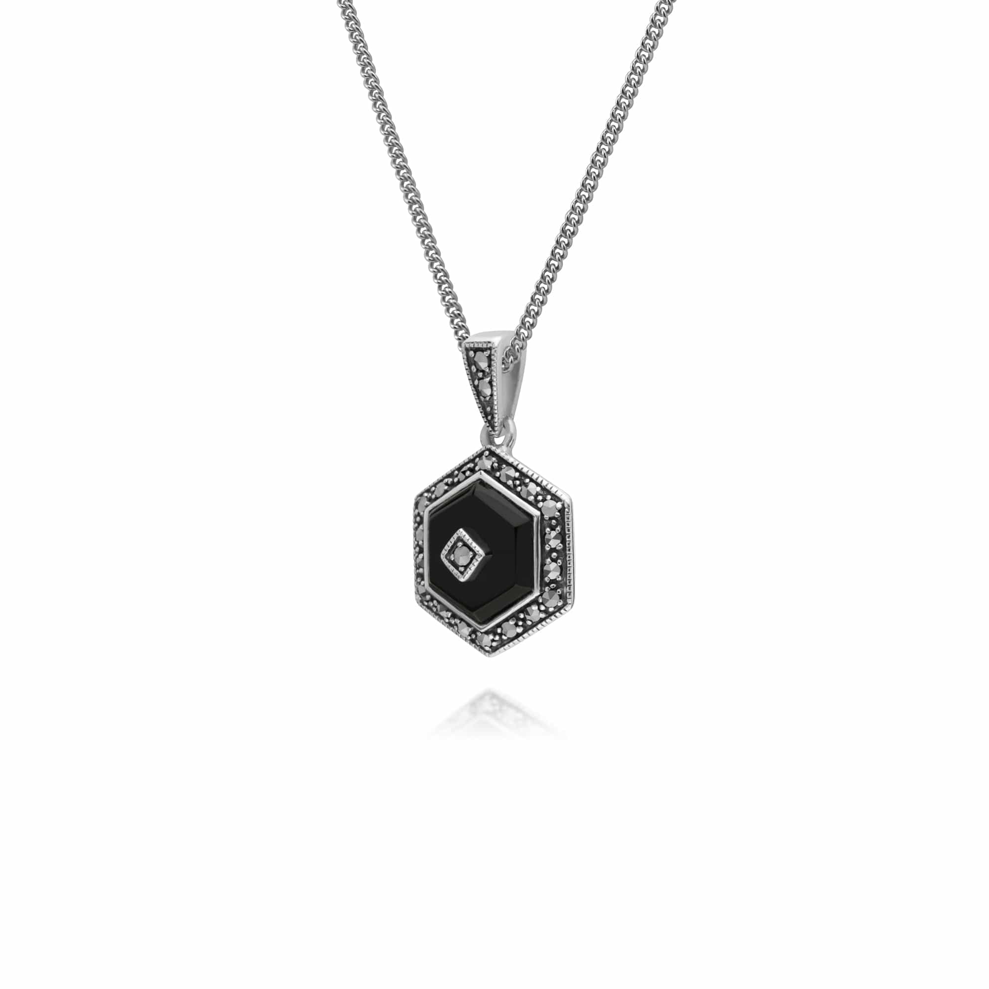214P303502925 Art Deco Style Hexagon Black Onyx & Round Marcasite Pendant in 925 Sterling Silver 2