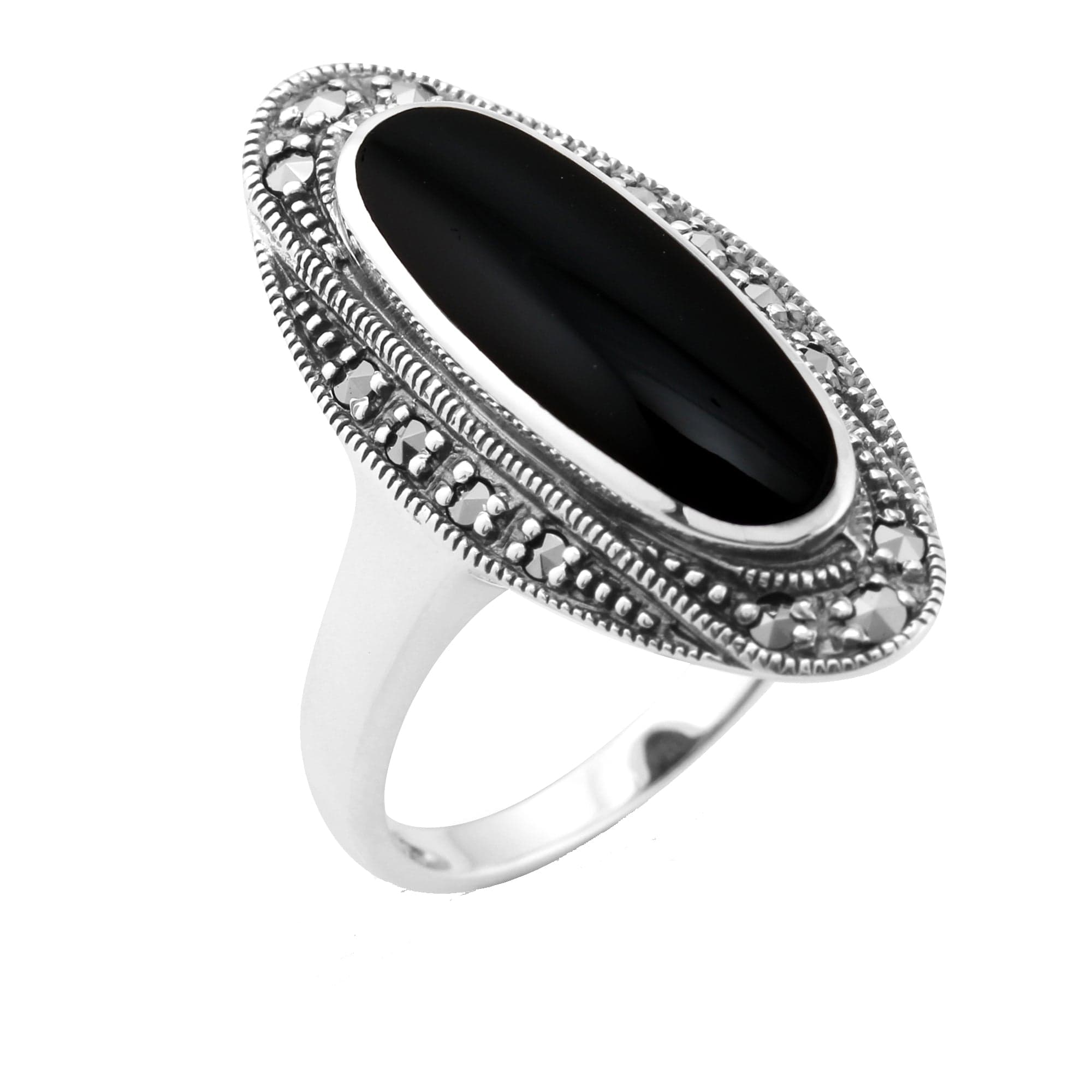 Art Deco Style Black Onyx Cabochon & Marcasite Ring in 925 Sterling Silver