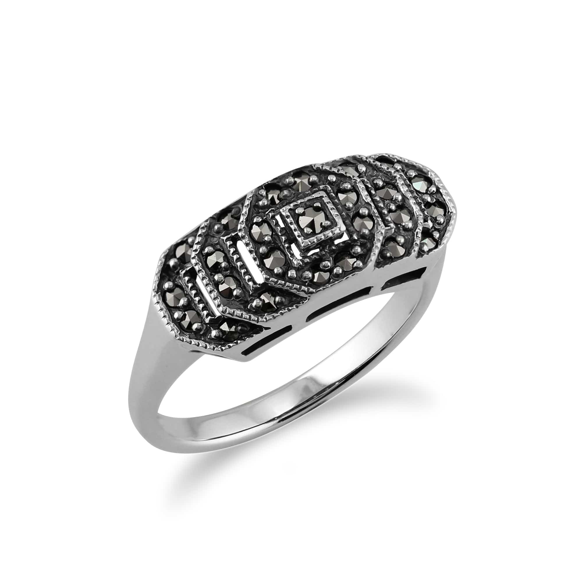 27085 Art Deco Style Round Marcasite Stepped Ring in 925 Sterling Silver 4