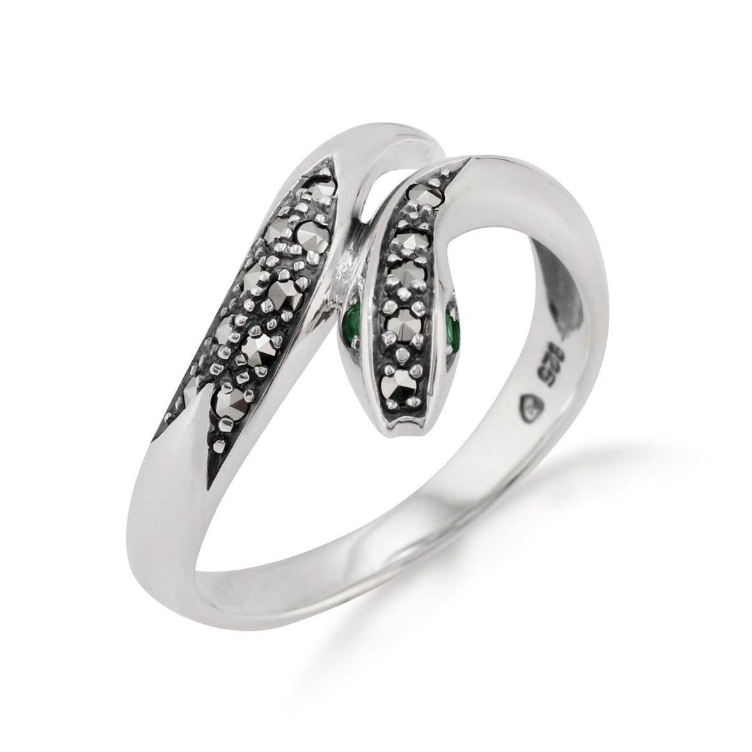 Art Nouveau Style Round Emerald & Marcasite Snake Ring in 925 Sterling Silver - Gemondo