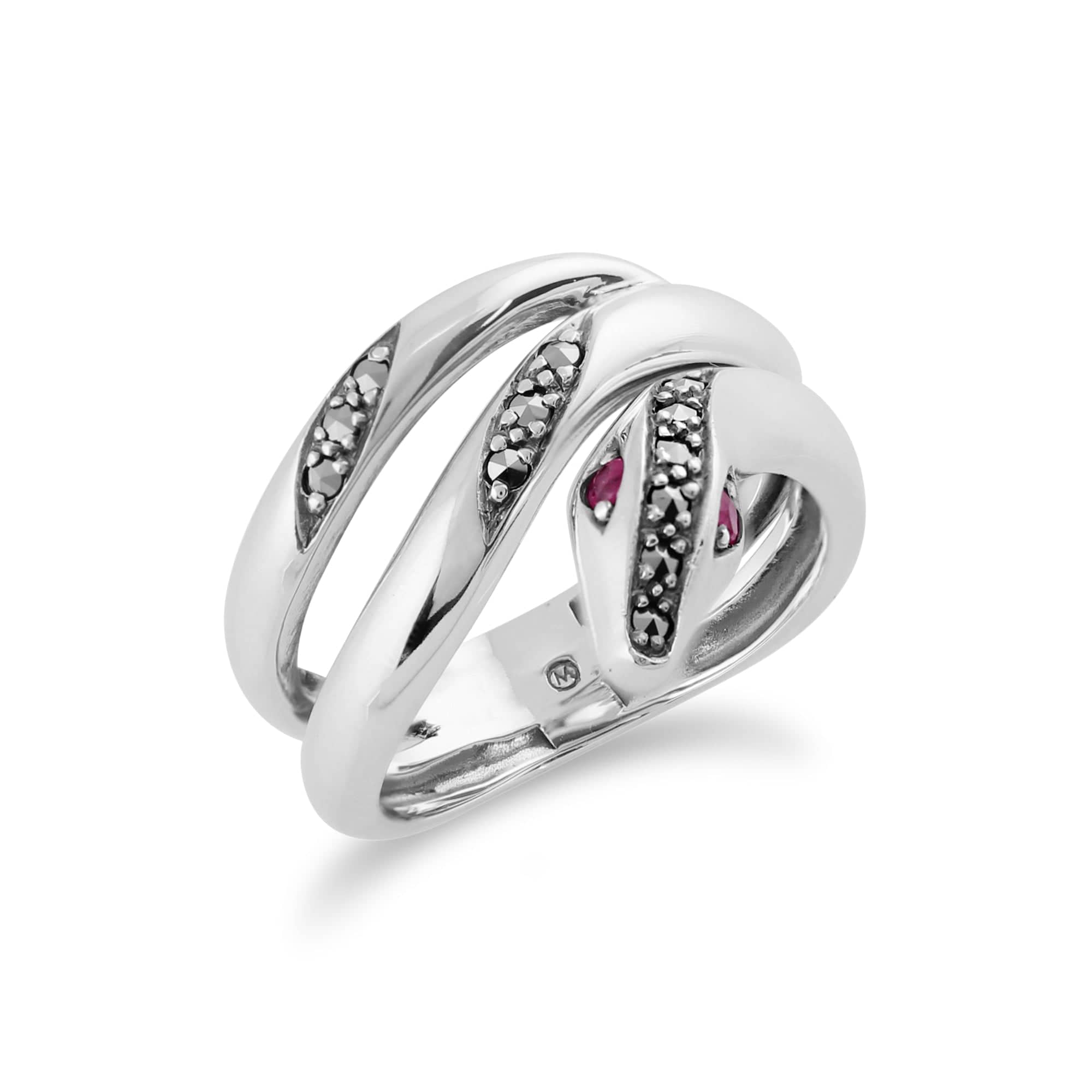 Art Nouveau Style Round Ruby & Marcasite Snake Ring in 925 Sterling Silver - Gemondo