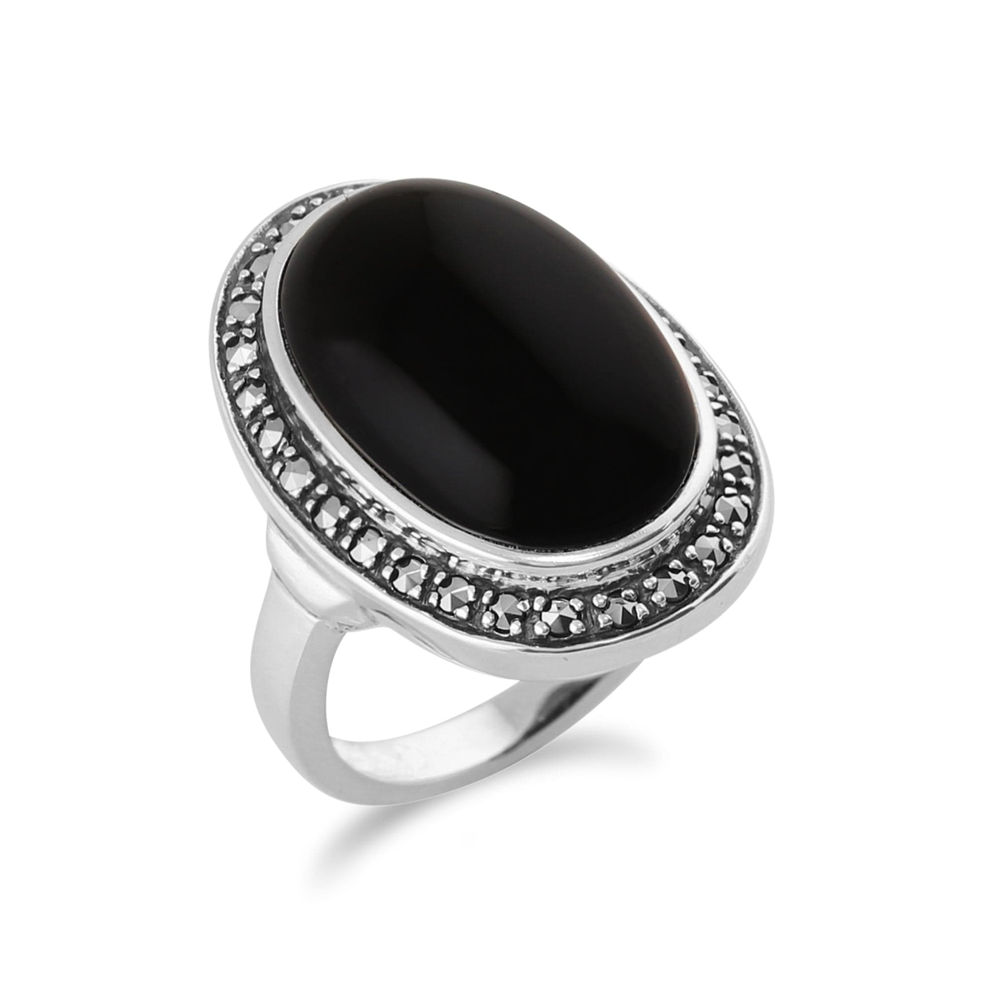 214R072901925 Boho Oval Onyx Cabochon & Marcasite Silver Ring 2
