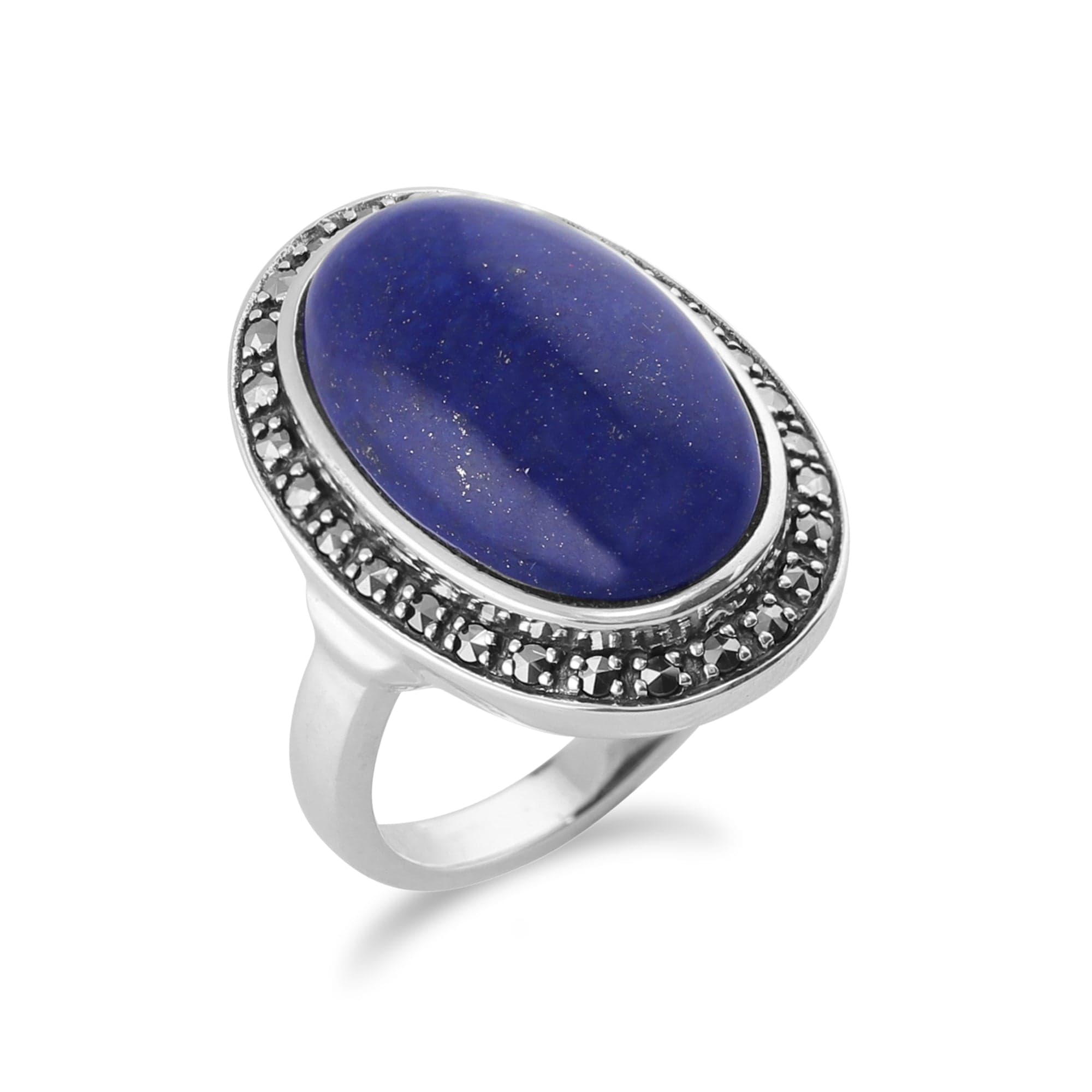 214R072903925 Boho Oval Lapis Lazuli Cabochon & Marcasite Ring in 925 Sterling Silver 2