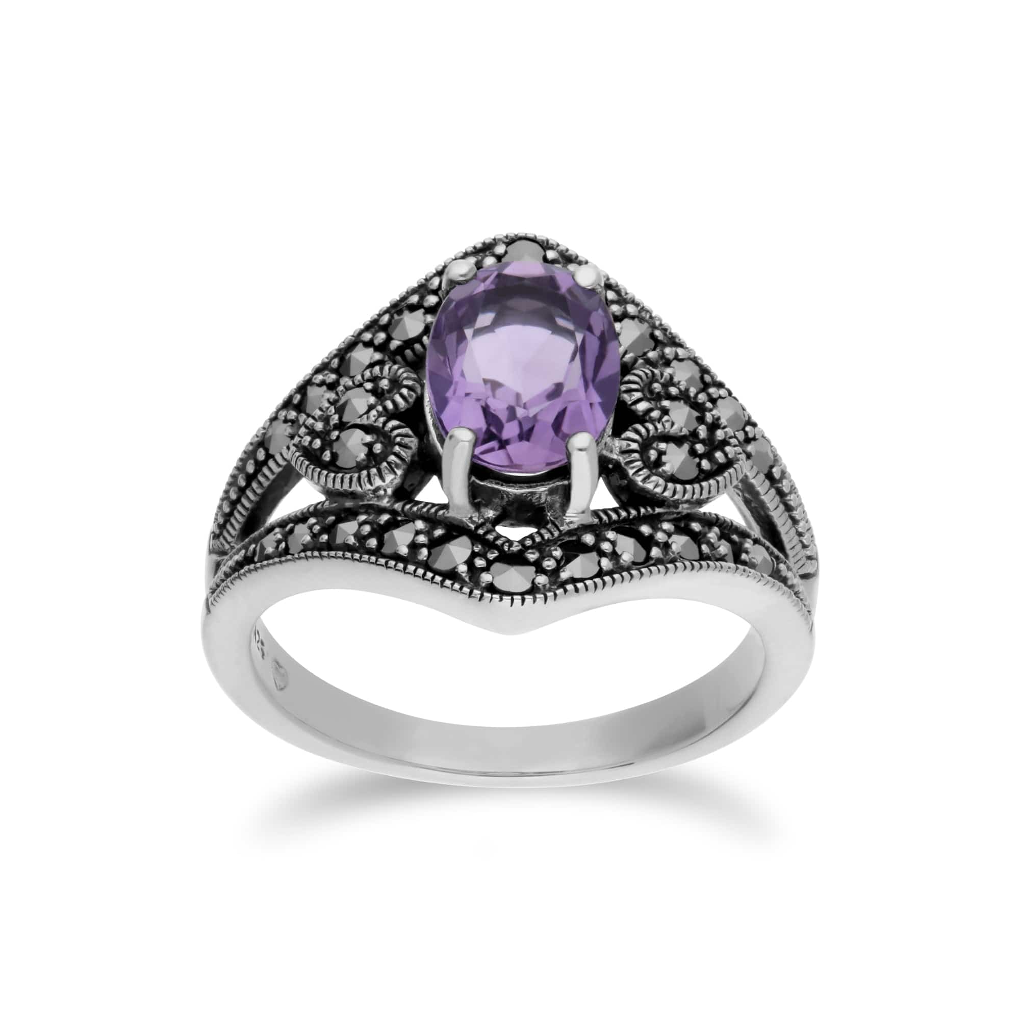 214R404902925 Art Deco Style Oval Amethyst & Marcasite in 925 Sterling Silver 1