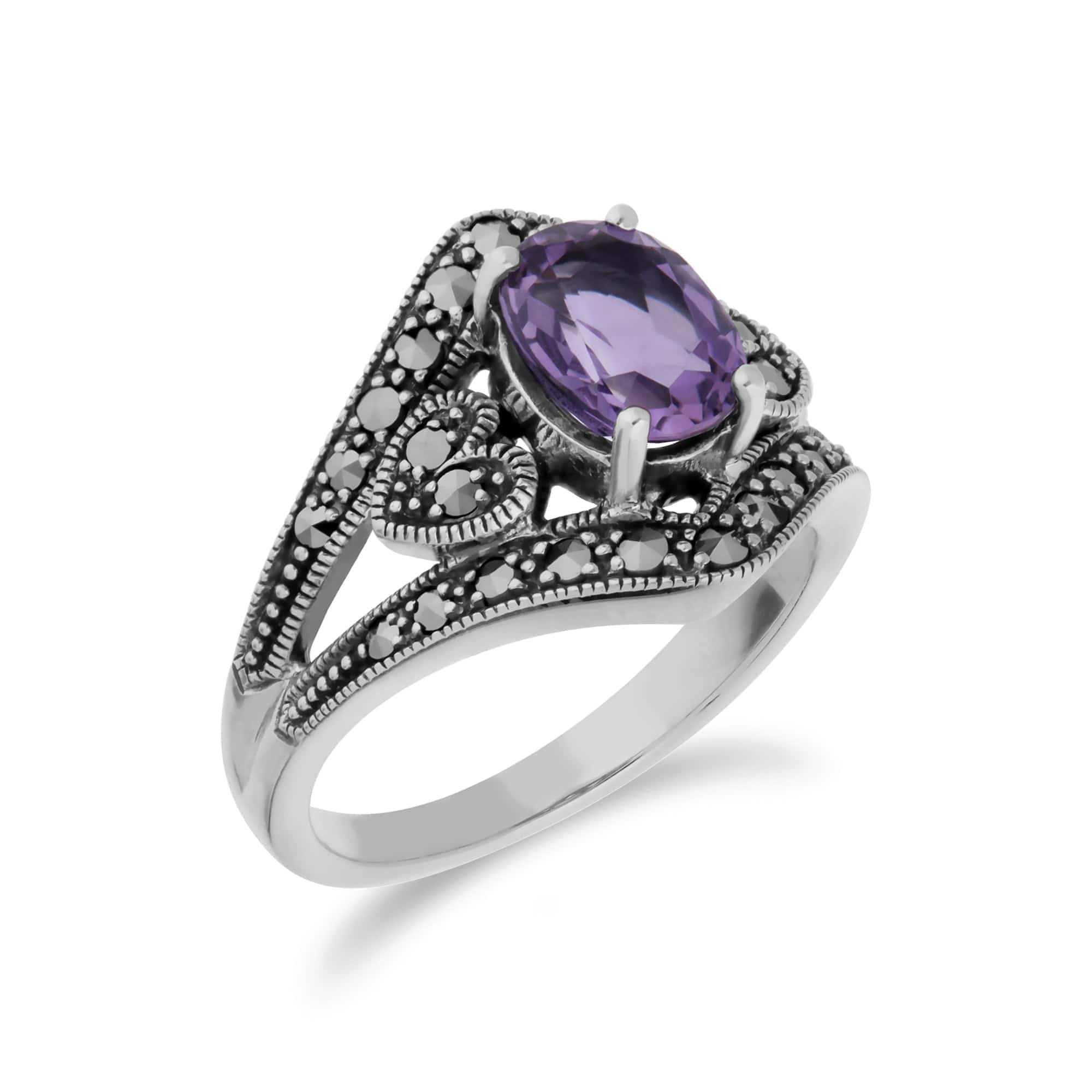 214R404902925 Art Deco Style Oval Amethyst & Marcasite in 925 Sterling Silver 2