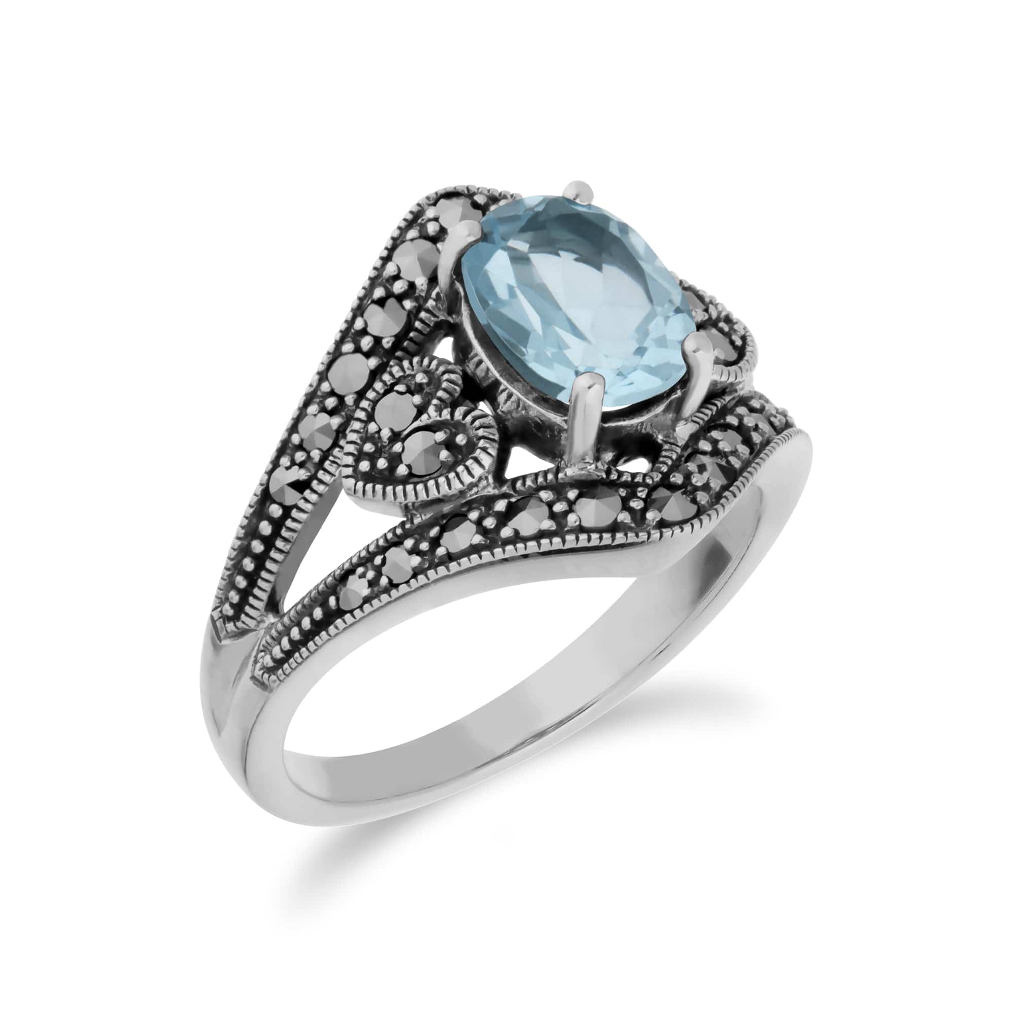 214R404903925 Art Deco Style Oval Blue Topaz & Marcasite in 925 Sterling Silver 2