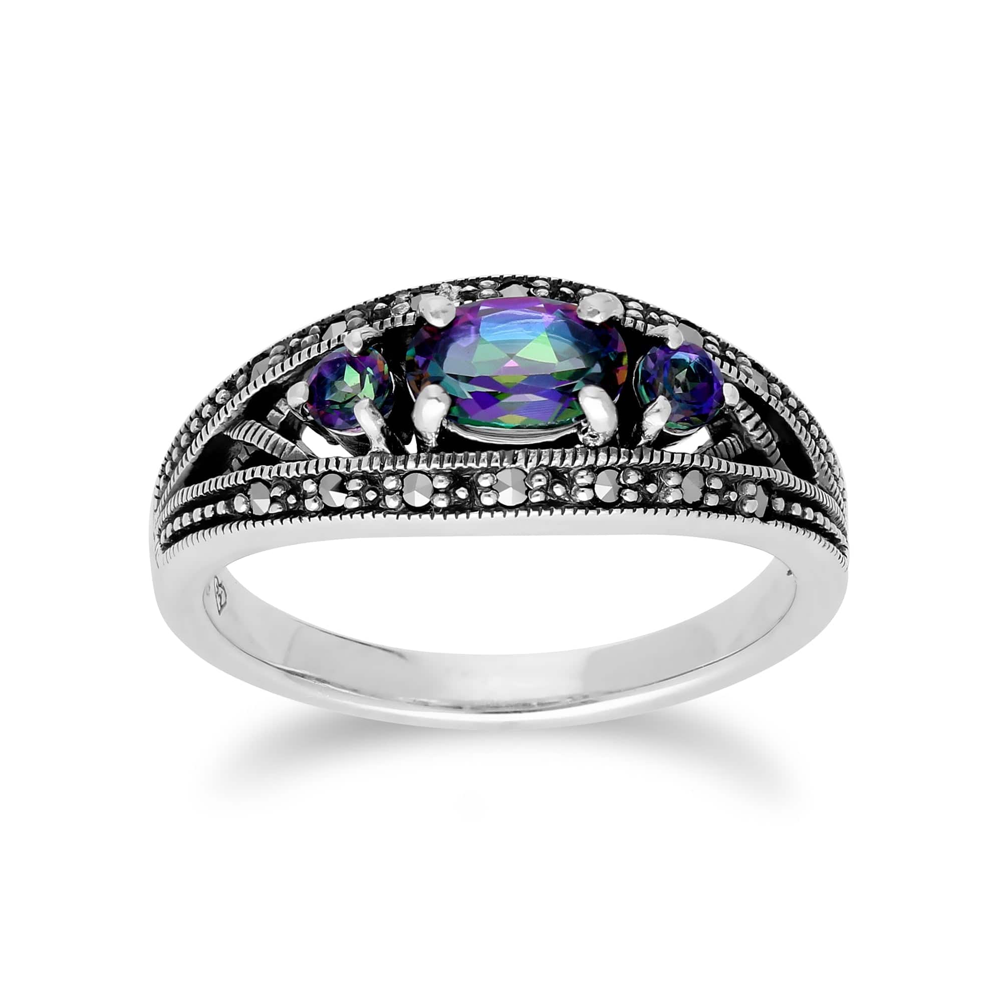 214R424004925 Art Deco Style Oval Mystic Topaz & Marcasite Three Stone Ring in 925 Sterling Silver 1