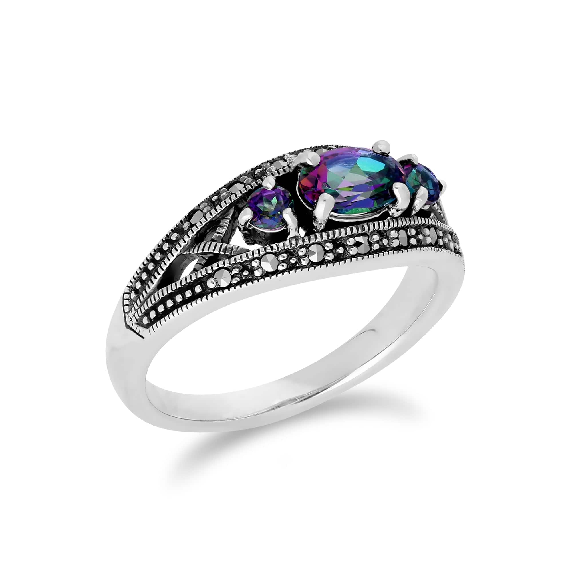 214R424004925 Art Deco Style Oval Mystic Topaz & Marcasite Three Stone Ring in 925 Sterling Silver 2