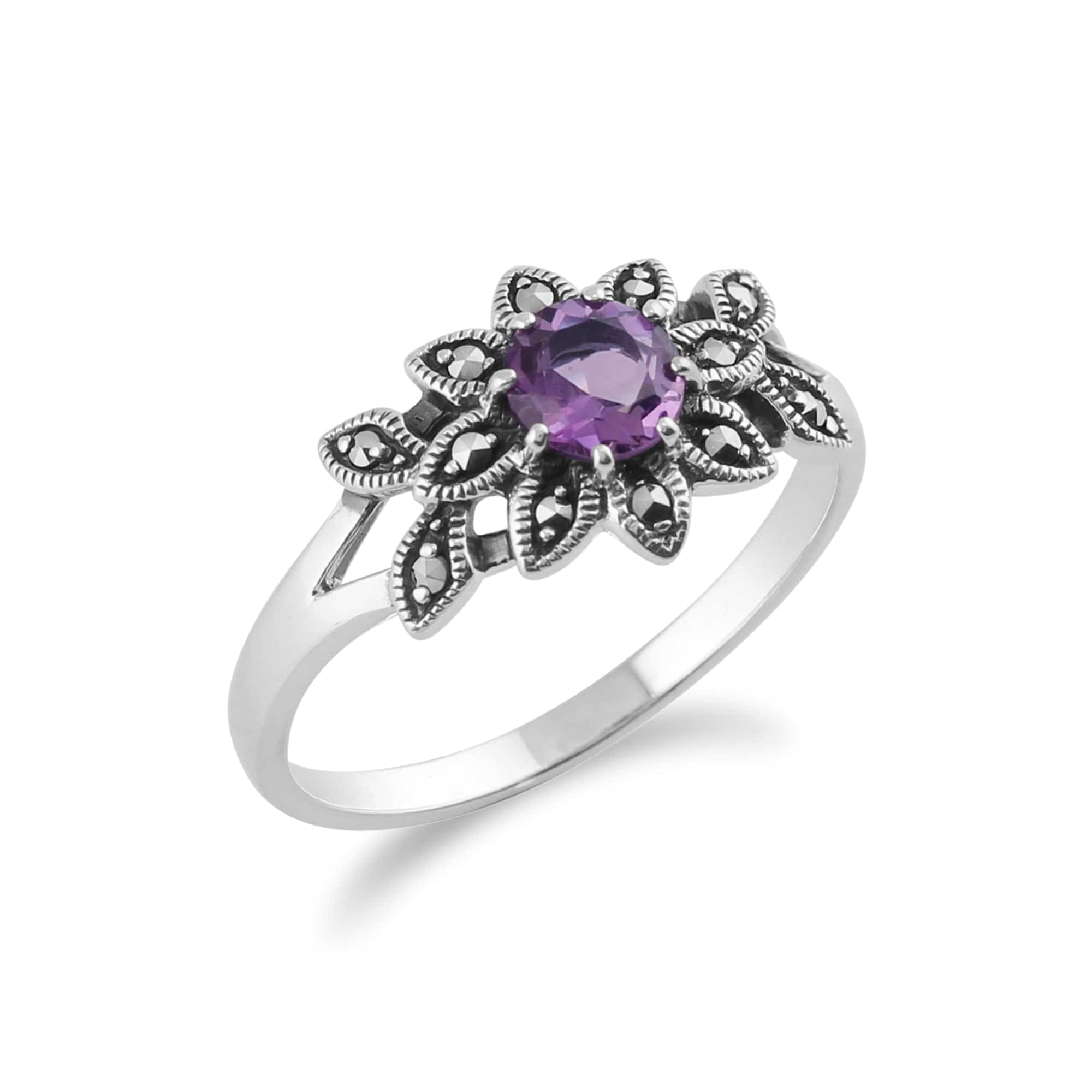 Art Nouveau Style Round Amethyst & Marcasite Floral Ring in 925 Sterling Silver - Gemondo