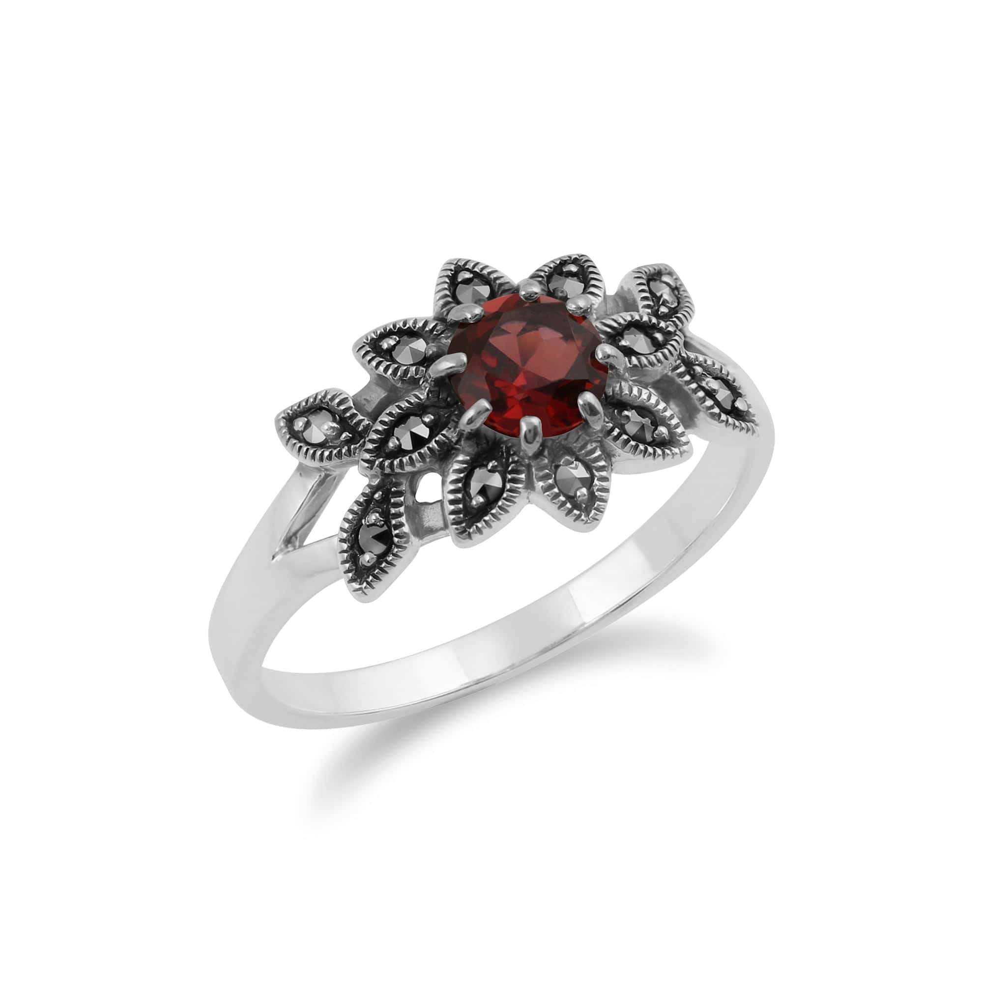 214R467705925 Art Nouveau Style Round Garnet & Marcasite Floral Ring in Sterling Silver 2