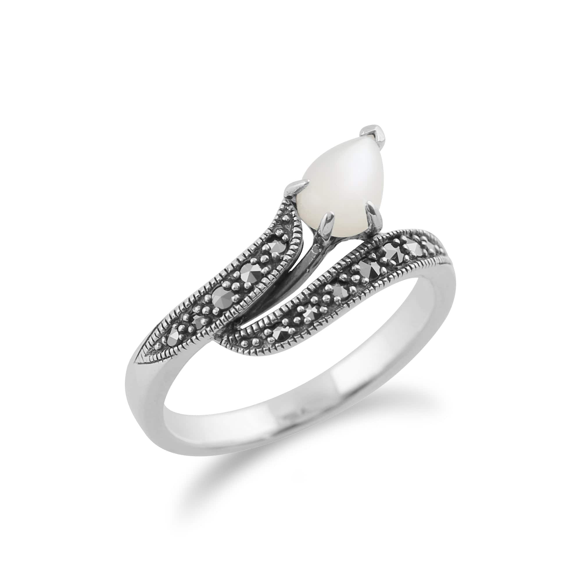 214R473902925 Art Nouveau Style Pear Mother of Pearl & Marcasite Twist Ring in 925 Sterling Silver 2