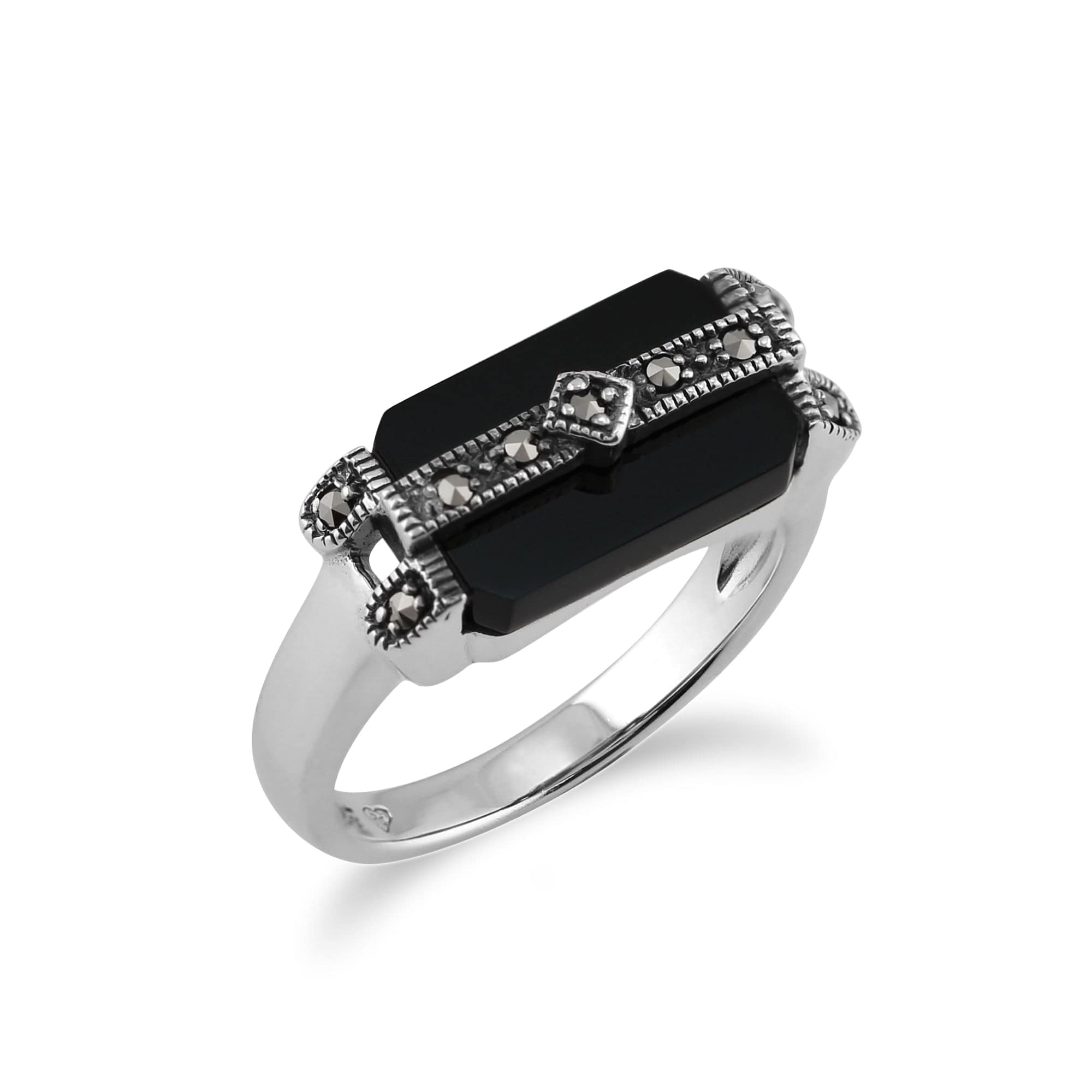 214R476502925 Art Deco Style Rectangle Black Onyx & Marcasite Bar Ring in 925 Sterling Silver 2