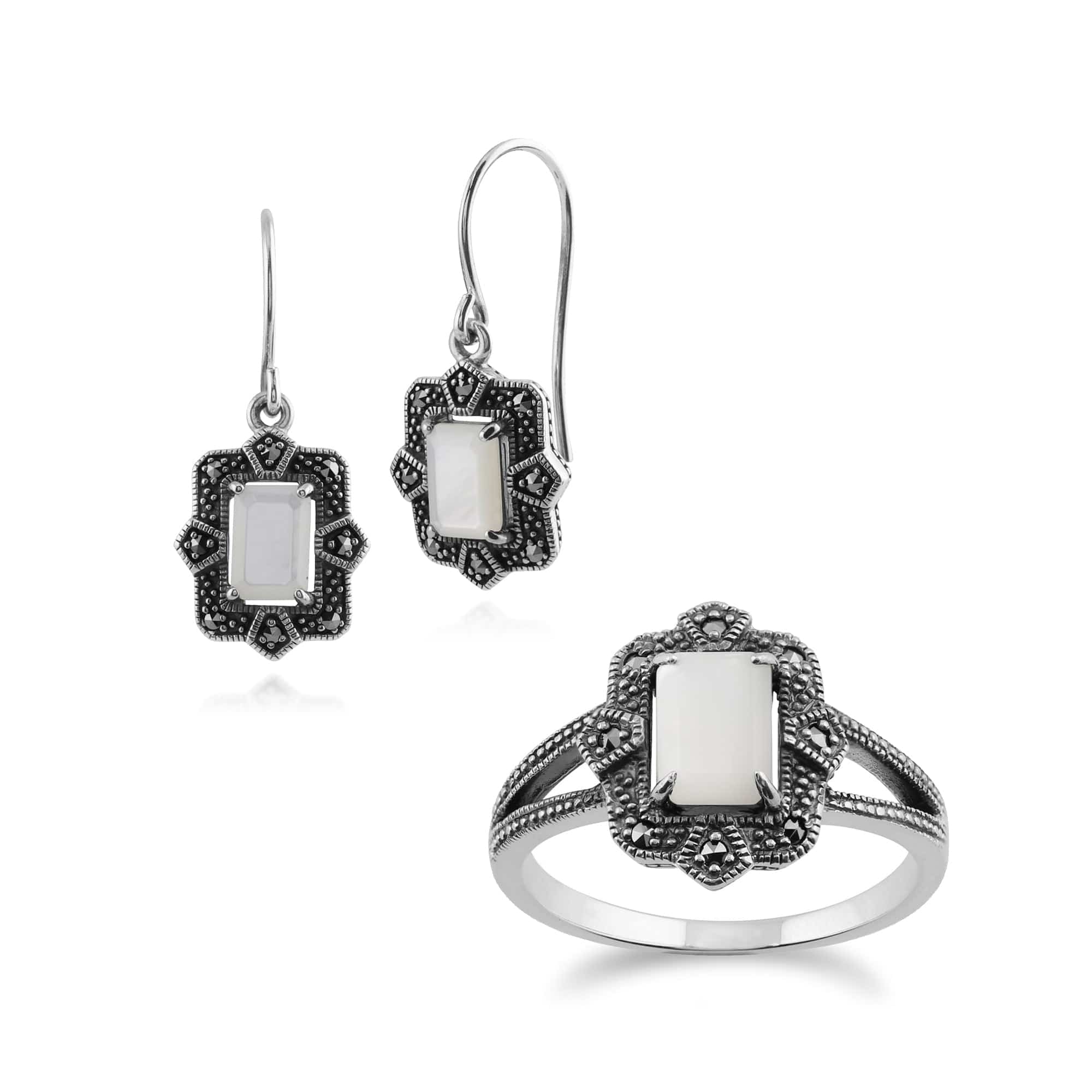 214E850302925-214R479004925 Art Deco Style Baguette Mother of Pearl & Marcasite Framed Drop Earrings & Ring Set in 925 Sterling Silver 1