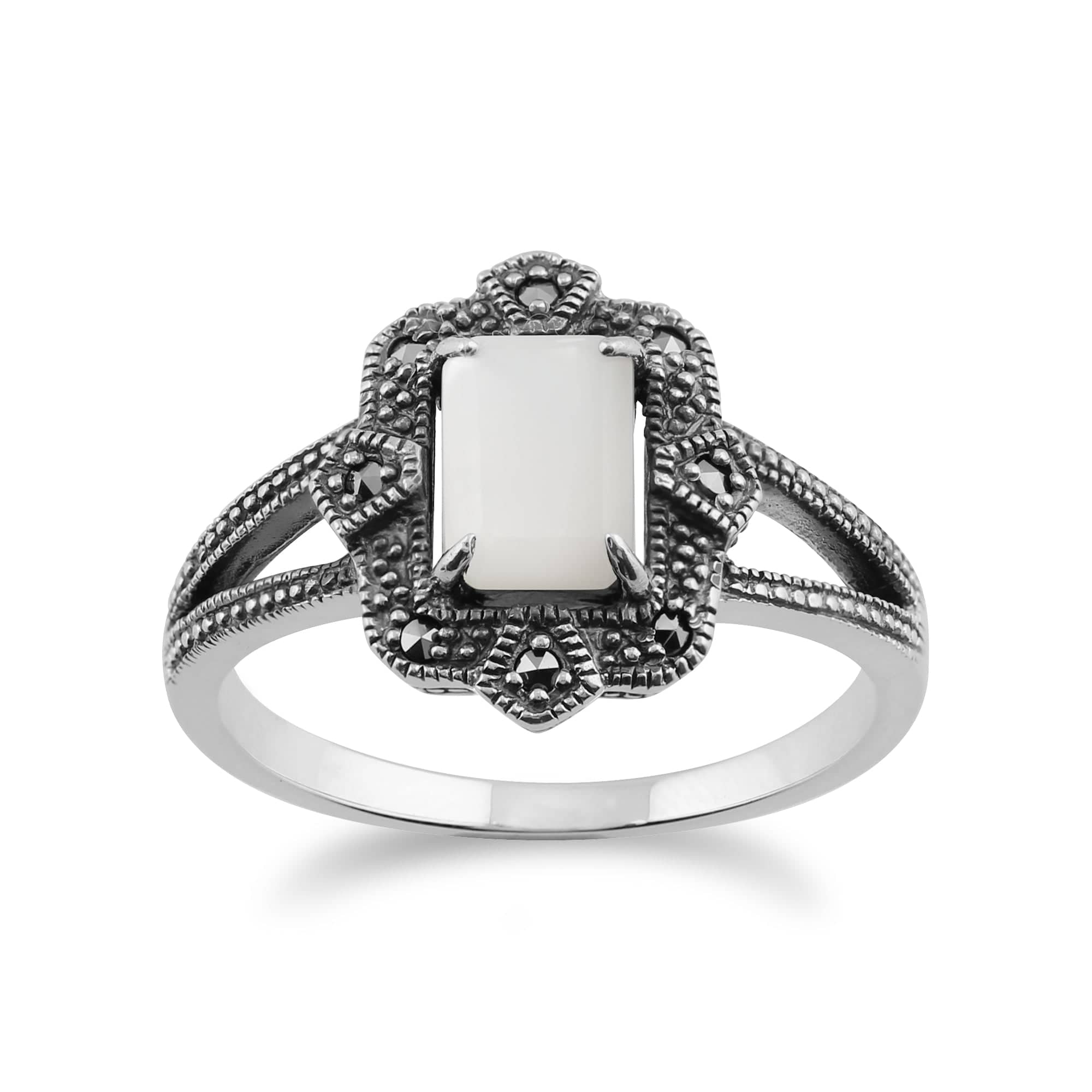Art Deco Style Baguette Mother of Pearl & Marcasite Framed Drop Earrings & Ring Set in 925 Sterling Silver - Gemondo