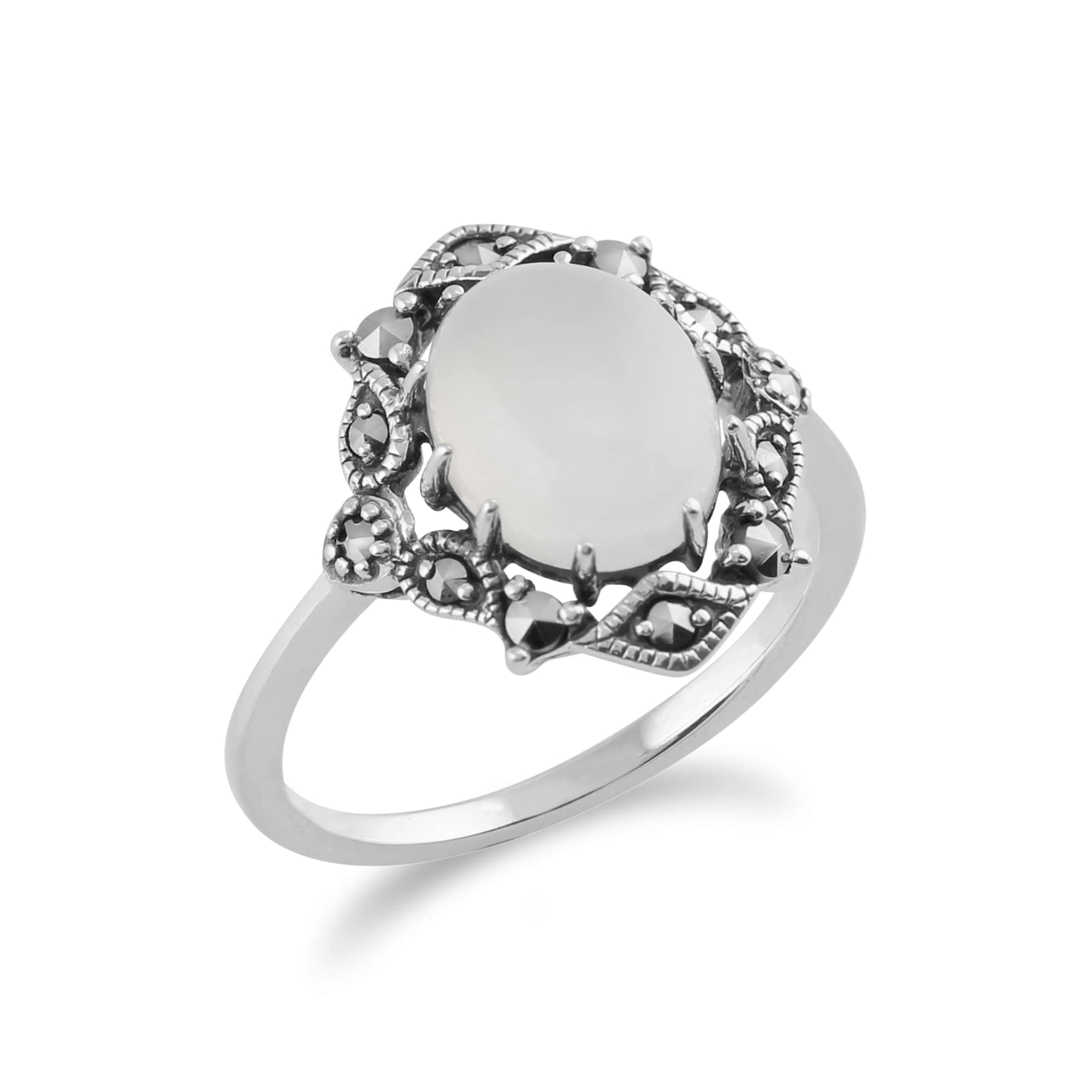 214R480007925 Art Nouveau Style Oval Moonstone Cabochon & Marcasite Statement Ring in 925 Sterling Silver 2