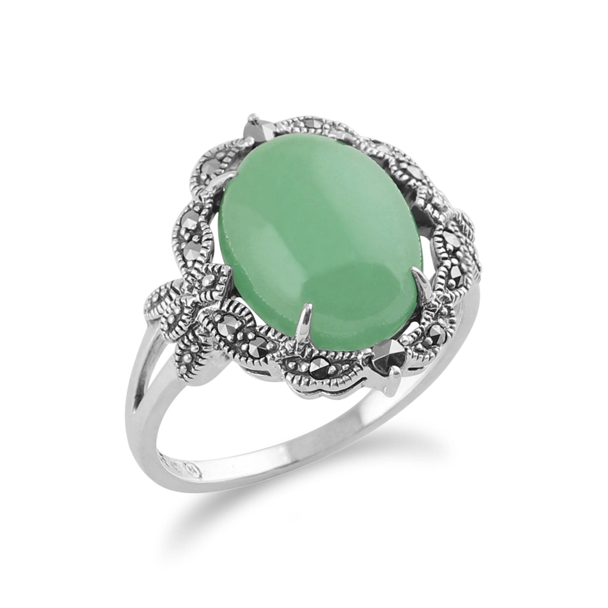 Art Nouveau Style Green Jade Cabochon & Marcasite Statement Ring in 925  Silver - Gemondo
