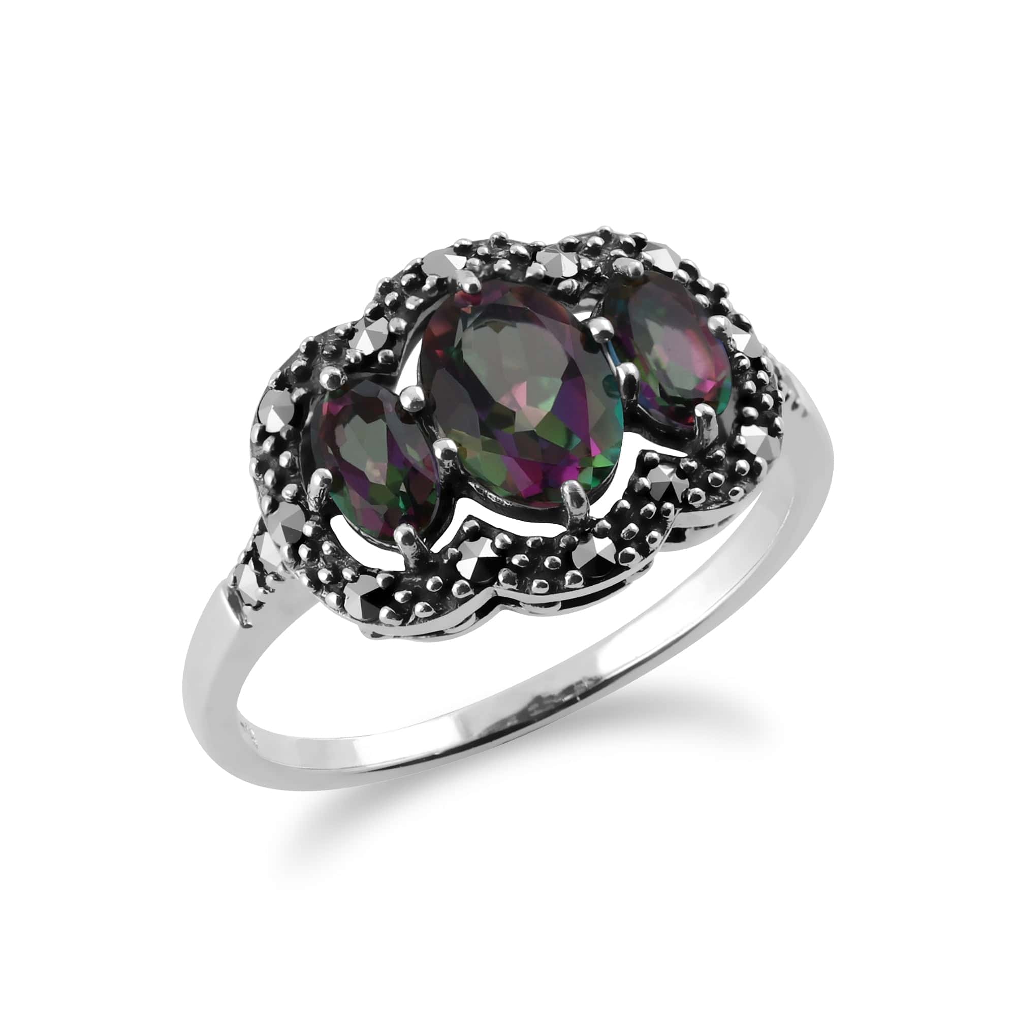214R483501925 Art Deco Style Oval Mystic Topaz & Marcasite Three Stone Ring In Sterling Silver 2