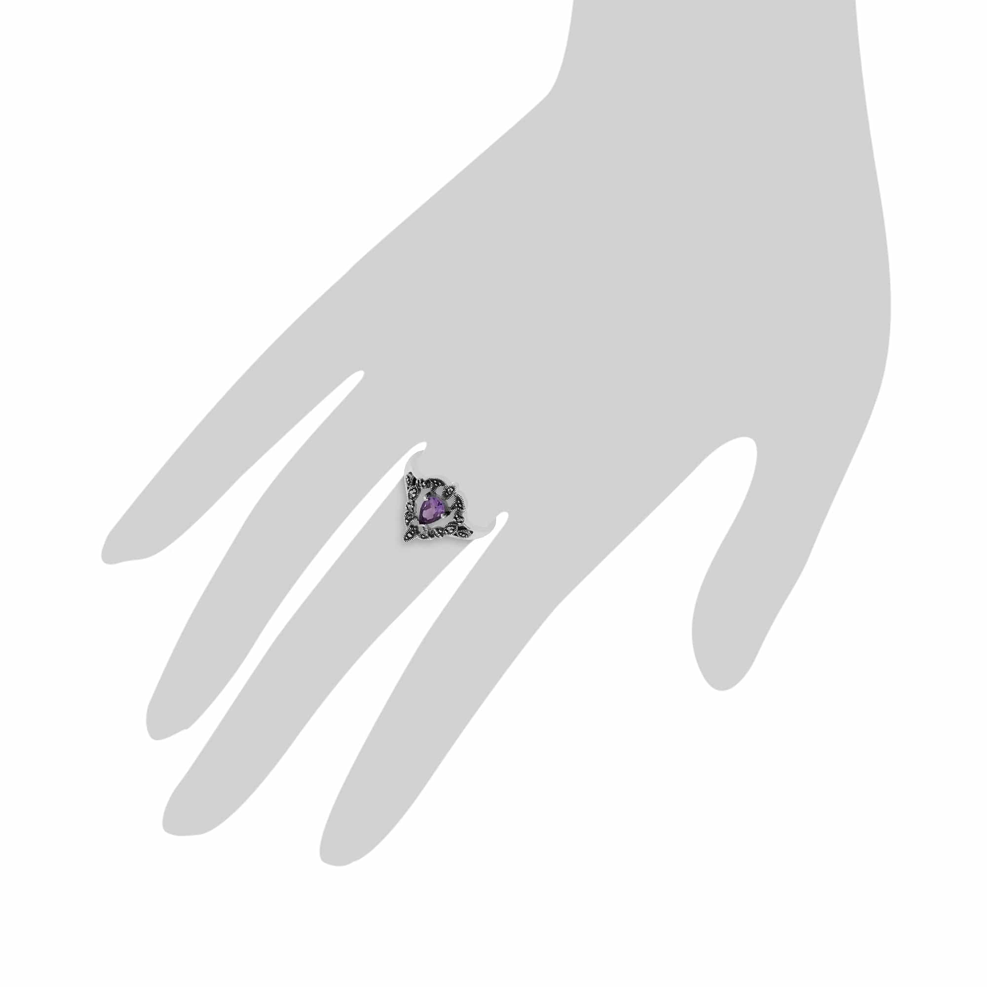214R507802925 Art Nouveau Style Pear Amethyst & Marcasite Statement Ring in 925 Sterling Silver 3