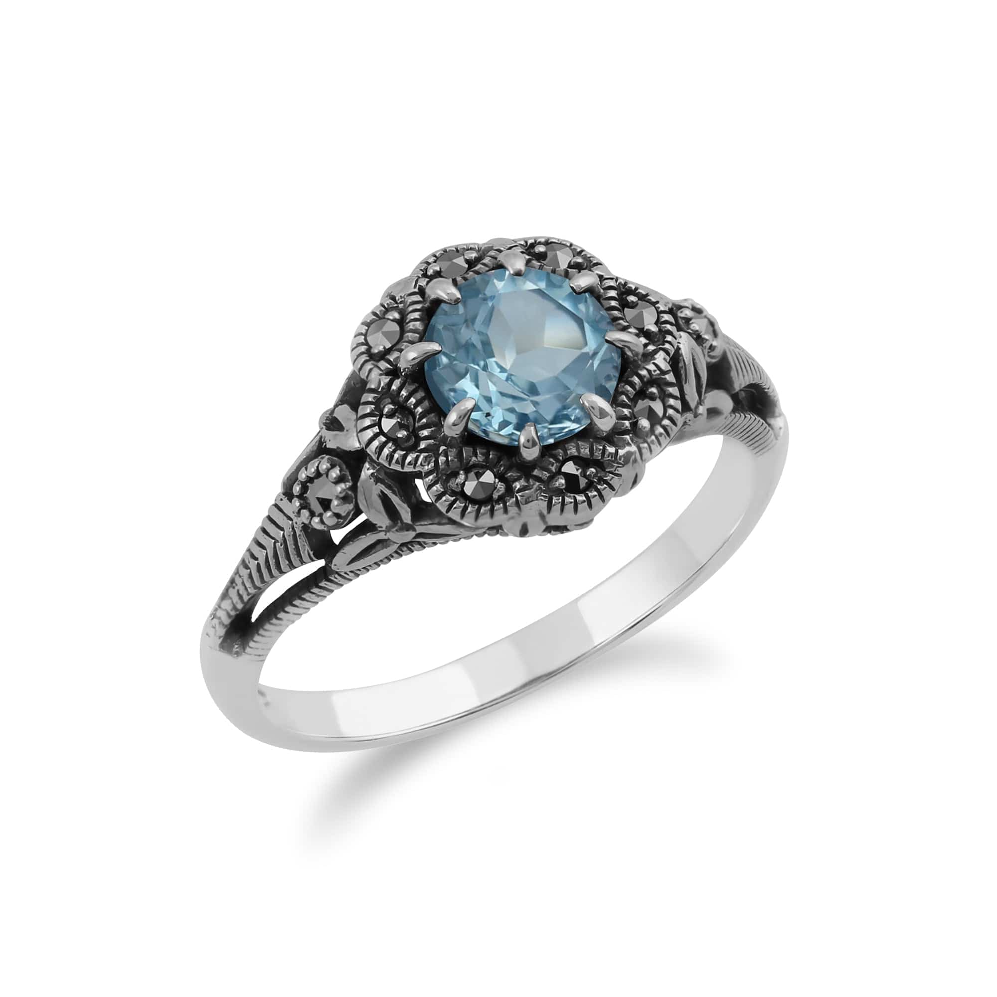214R524704925 Art Nouveau Style Round Blue Topaz & Marcasite Floral Ring in Sterling Silver 2