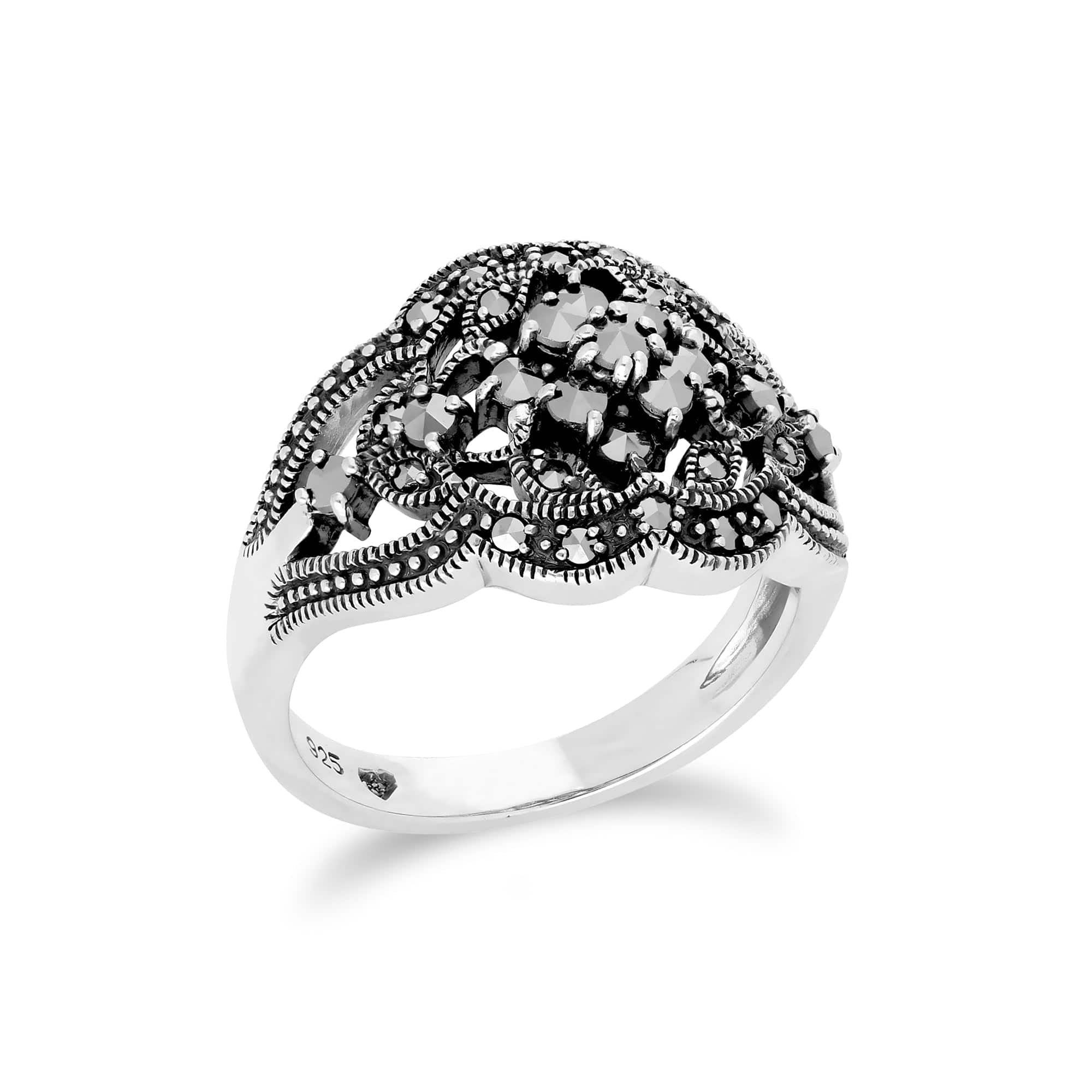 Art Nouveau Style Round Marcasite Cluster Ring in 925 Sterling Silver - Gemondo