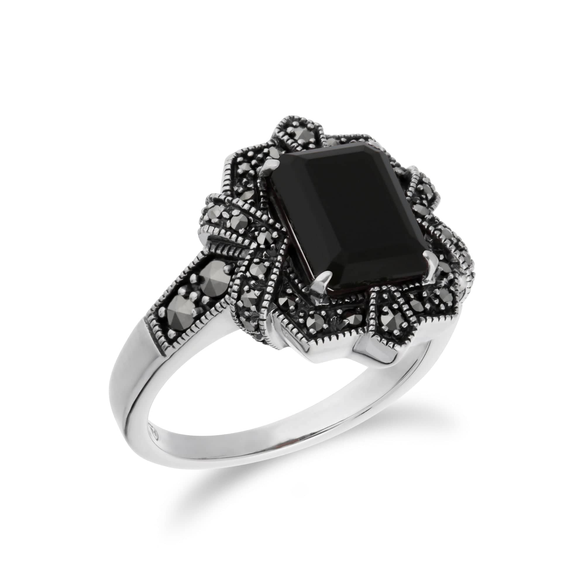 Art Deco Style Baguette Black Onyx & Marcasite Ring in 925 Sterling Silver - Gemondo