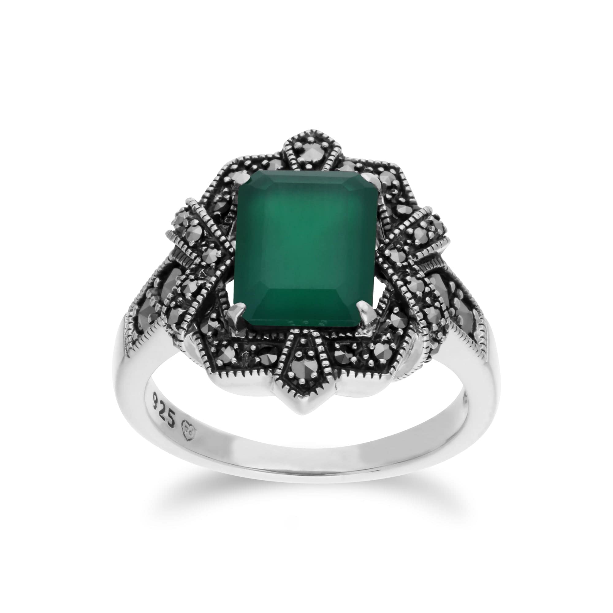 214R570809925 Art Deco Style Baguette Green Chalcedony & Marcasite Ring in 925 Sterling Silver 1
