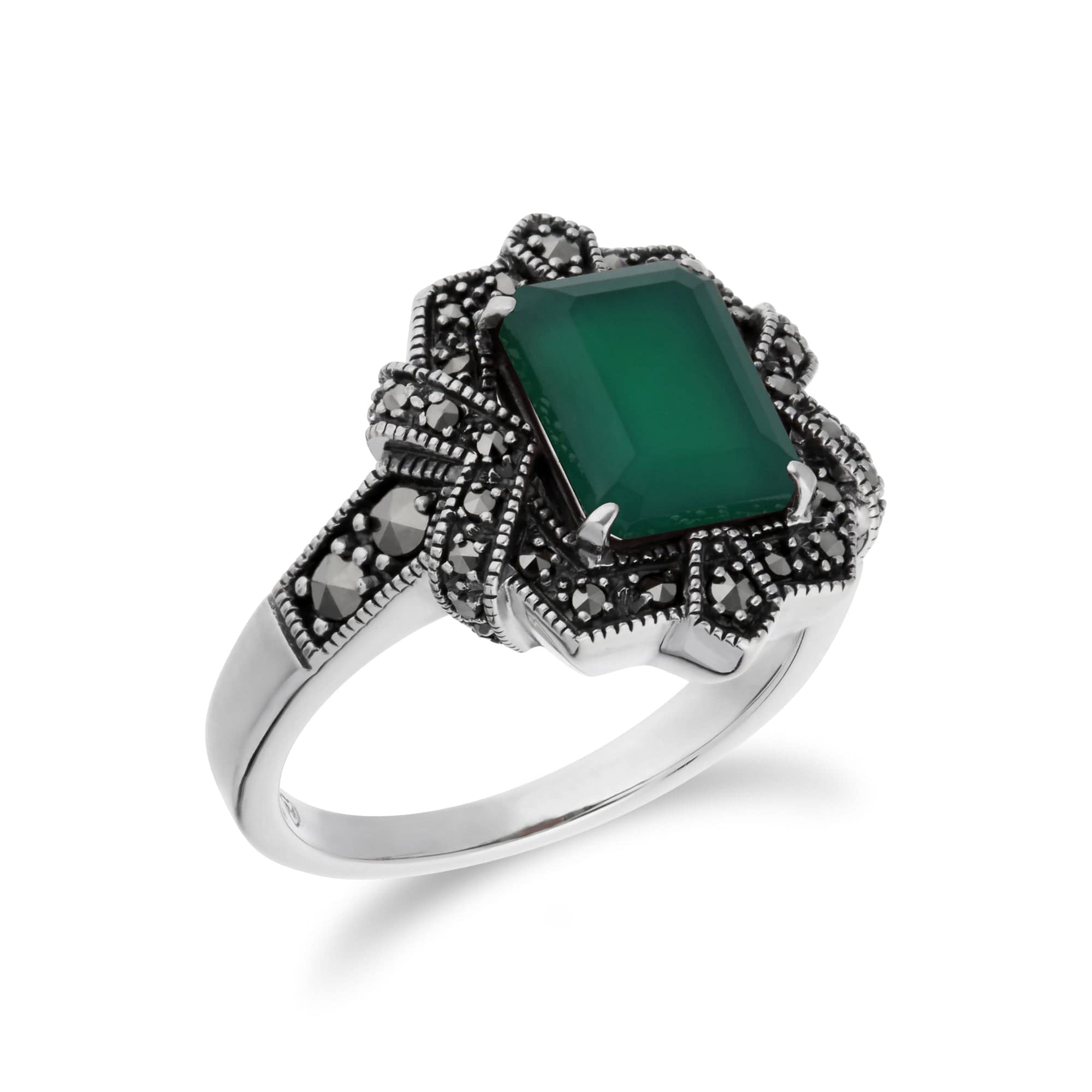 214R570809925 Art Deco Style Baguette Green Chalcedony & Marcasite Ring in 925 Sterling Silver 3