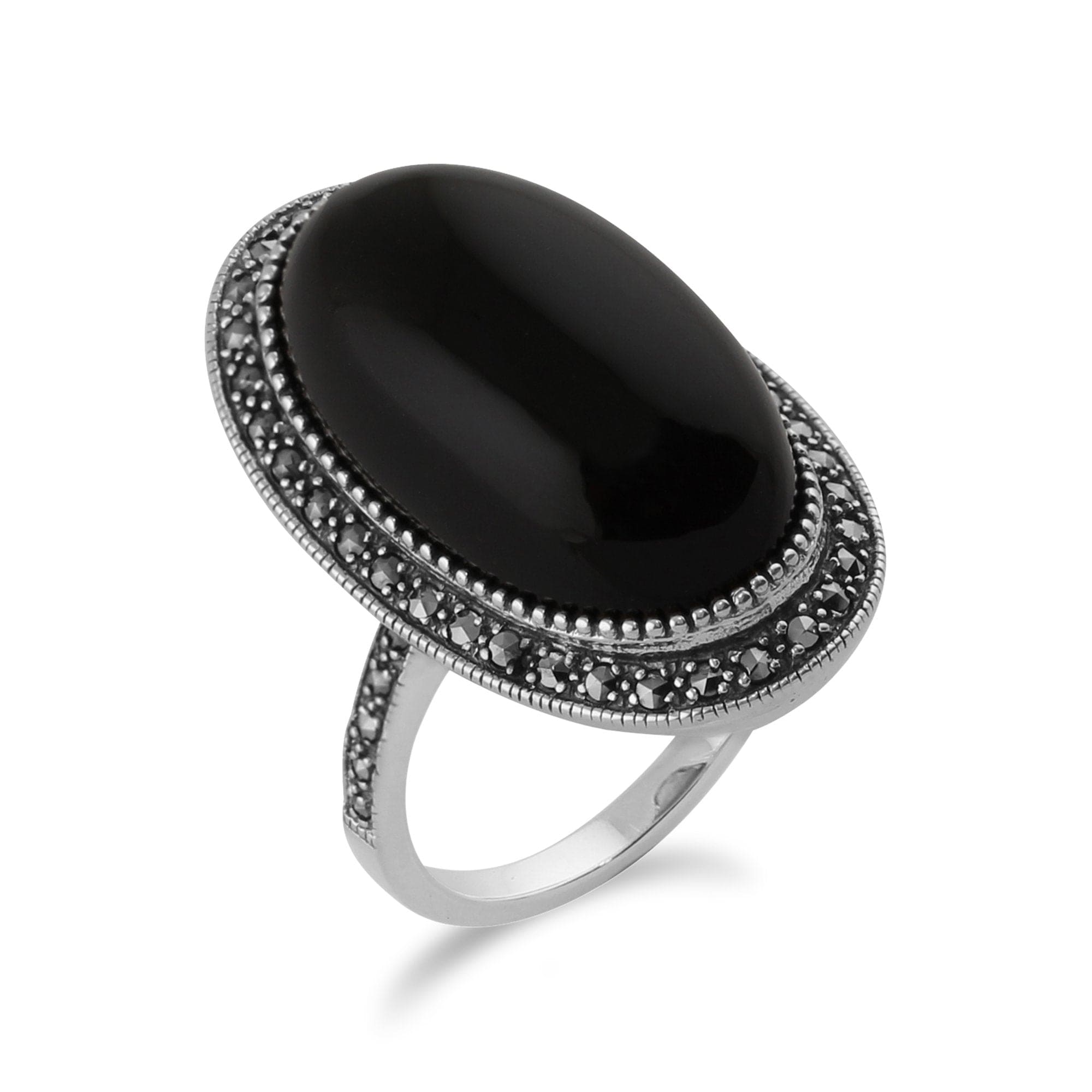 214R434301925 Art Deco Style Black Onyx Cabochon & Marcasite Cocktail Ring 4
