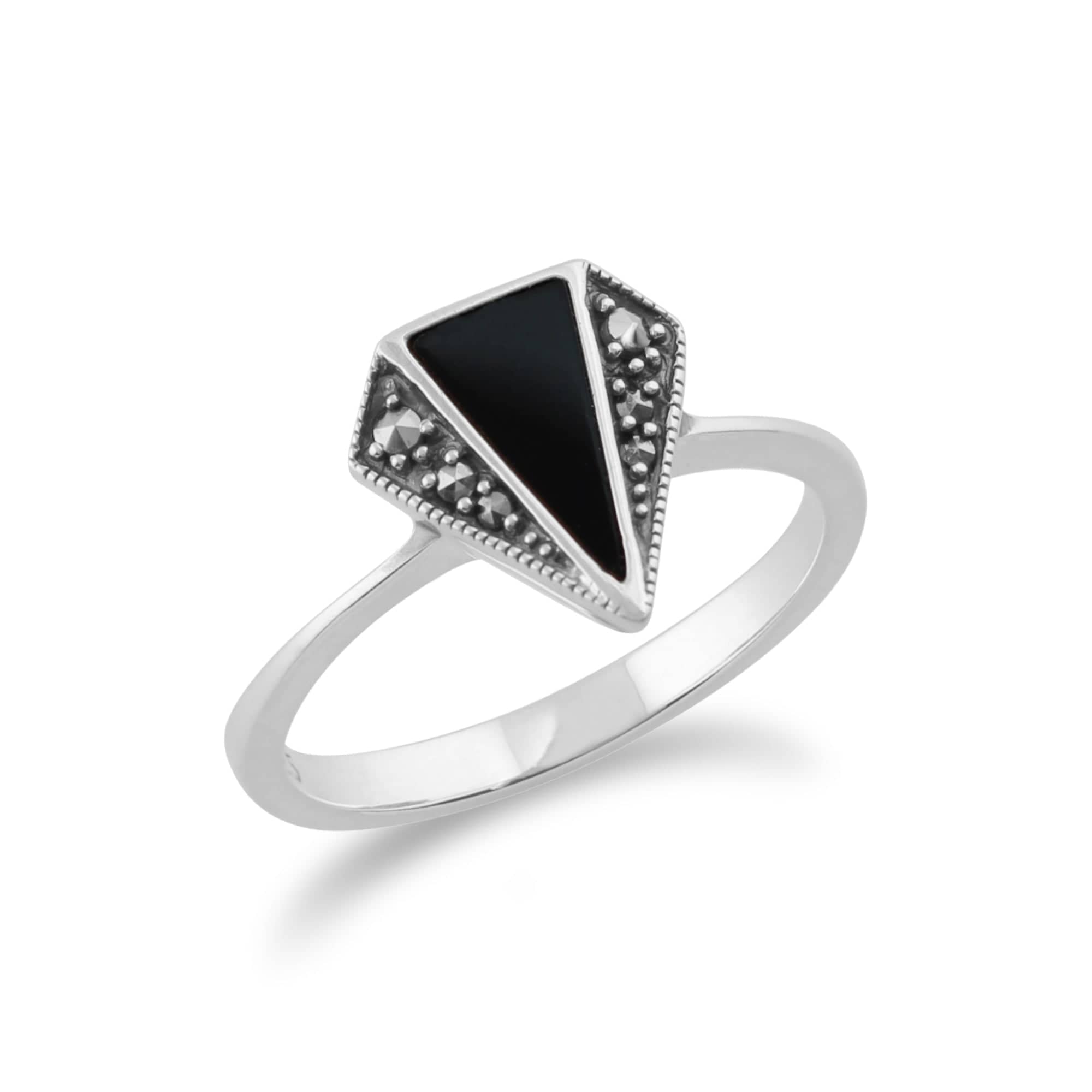 214R581901925 Art Deco Style Triangle Black Onyx & Marcasite Ring in 925 Sterling Silver 2